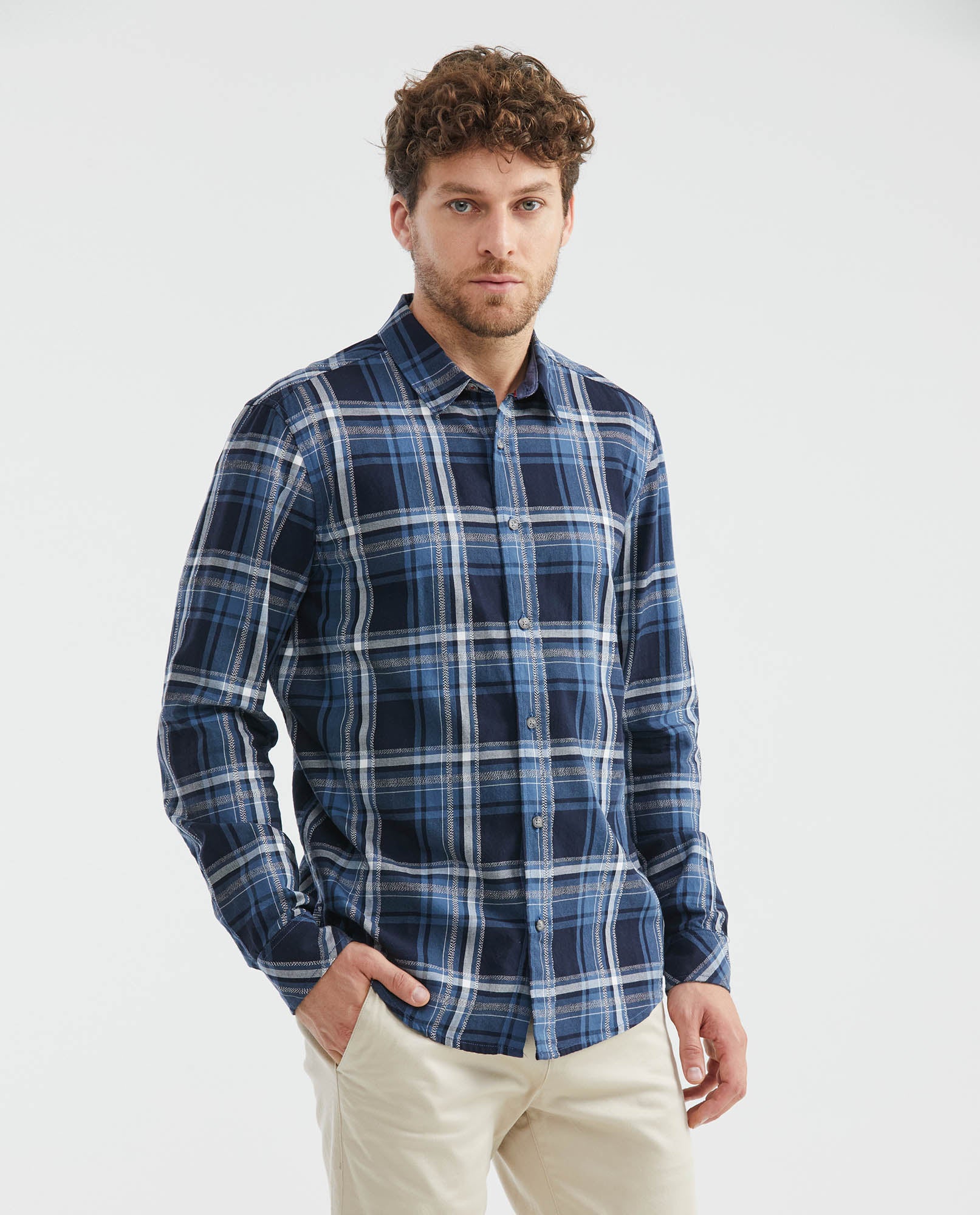 Men's Slim Fit Check Shirt Contrast Band Red Thread in Cotton 611F017 - 1