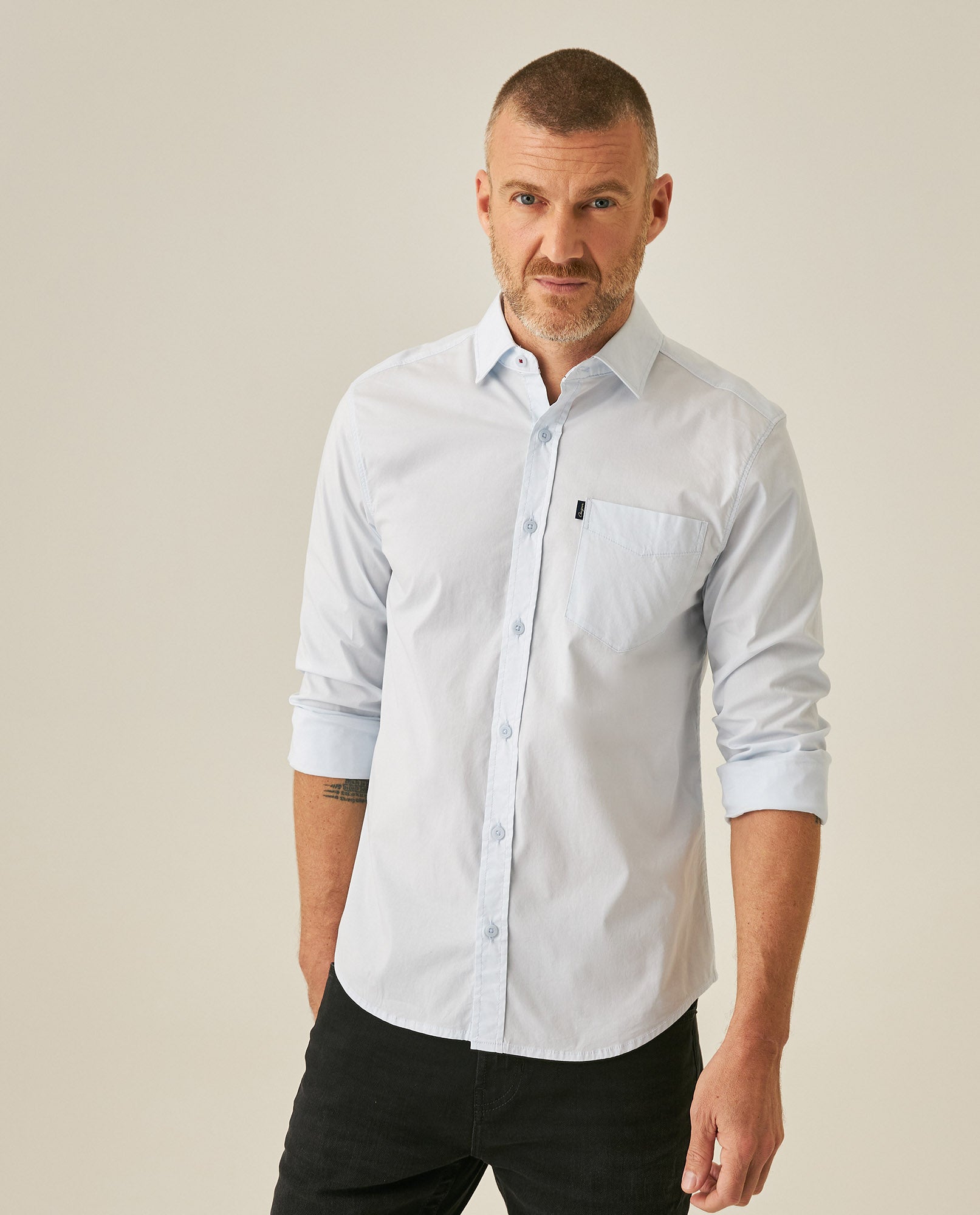 Mens Shirt Long Sleeve Slim Fit Open Collar Poplin Cotton Lycra Subtle Horizontal Ribs Woven Label - Blue 63_611H000_AZU124202_0