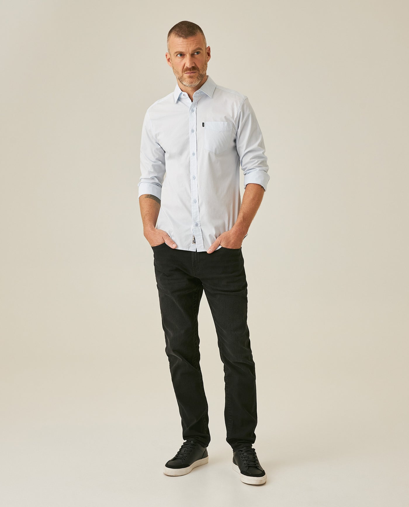 Mens Shirt Long Sleeve Slim Fit Open Collar Poplin Cotton Lycra Subtle Horizontal Ribs Woven Label - Blue 63_611H000_AZU124202_4