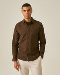 Mens Shirt Long Sleeve Slim Fit Open Collar Poplin Cotton Lycra Subtle Horizontal Ribs Woven Label - Brown 63_611H000_CAF191016_0