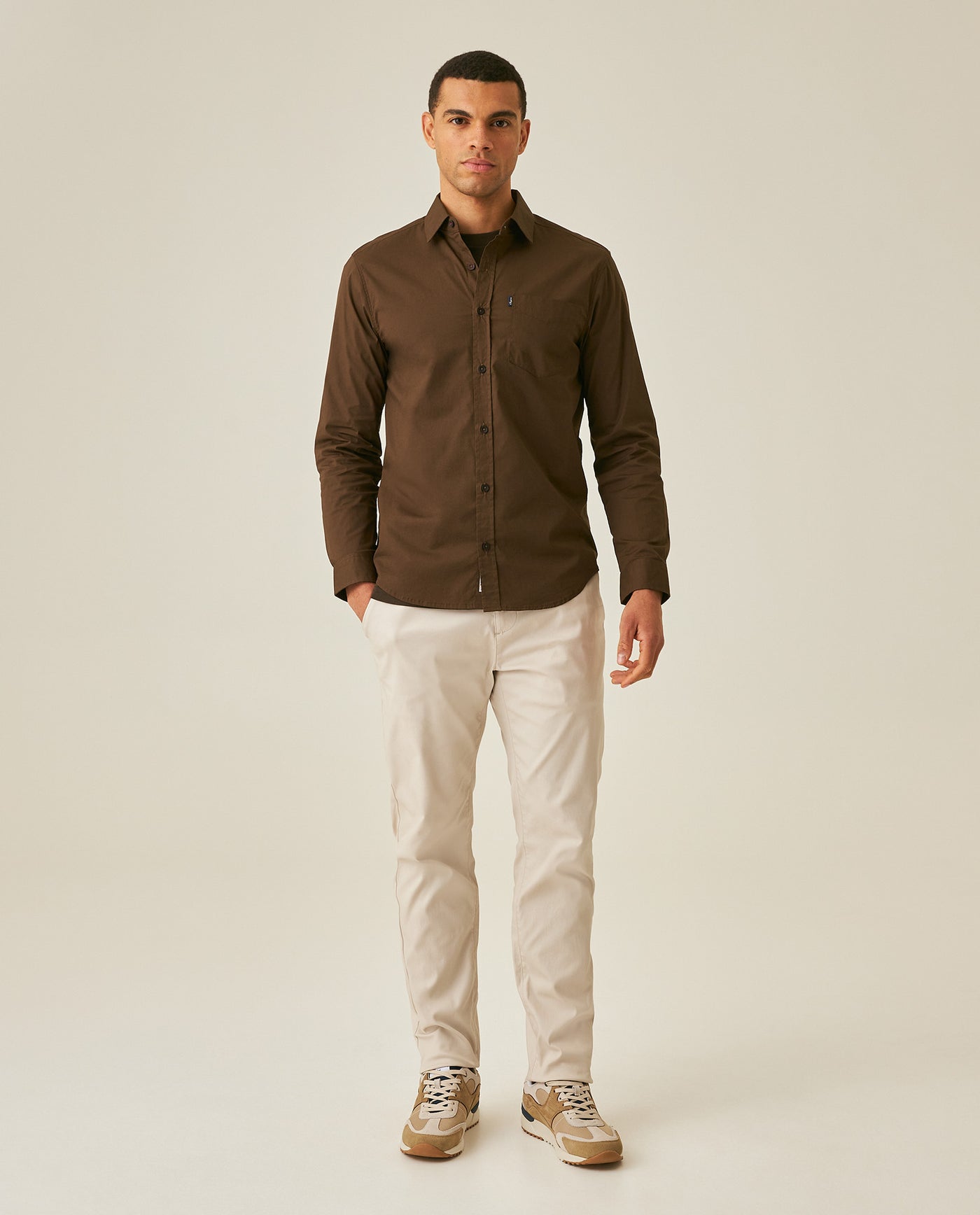 Mens Shirt Long Sleeve Slim Fit Open Collar Poplin Cotton Lycra Subtle Horizontal Ribs Woven Label - Brown 63_611H000_CAF191016_4