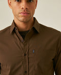Mens Shirt Long Sleeve Slim Fit Open Collar Poplin Cotton Lycra Subtle Horizontal Ribs Woven Label - Brown 63_611H000_CAF191016_5