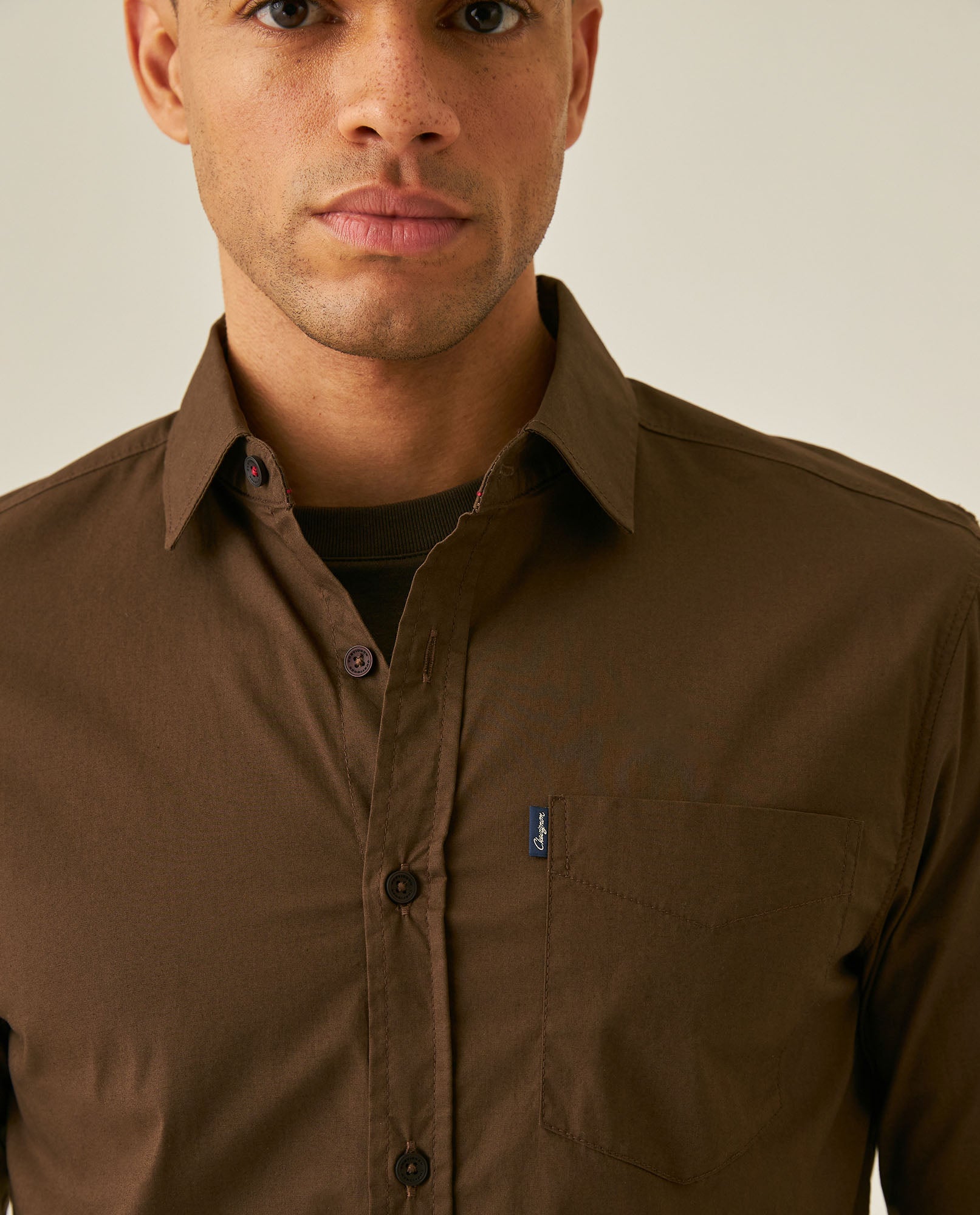 Mens Shirt Long Sleeve Slim Fit Open Collar Poplin Cotton Lycra Subtle Horizontal Ribs Woven Label - Brown 63_611H000_CAF191016_5