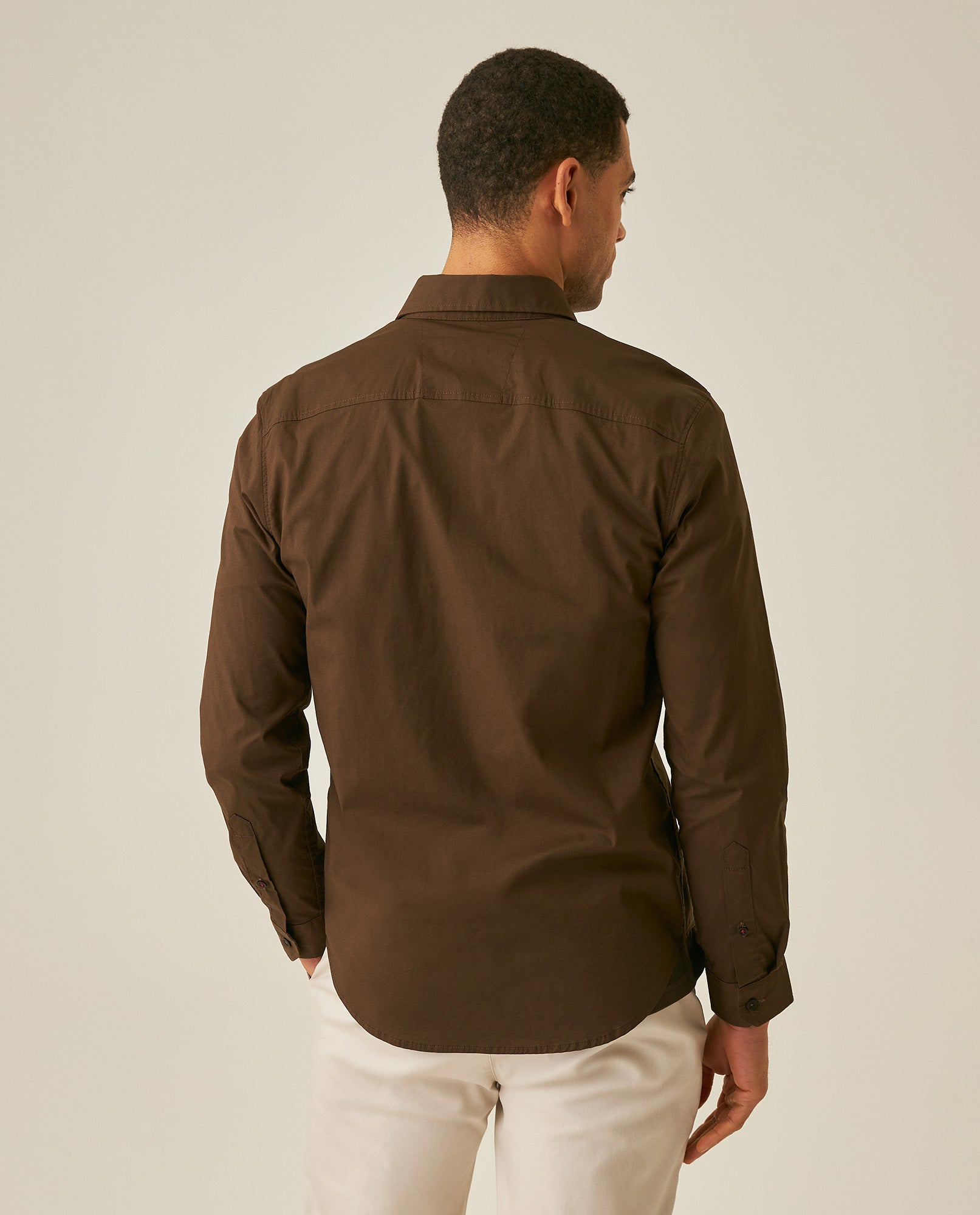 Mens Shirt Long Sleeve Slim Fit Open Collar Poplin Cotton Lycra Subtle Horizontal Ribs Woven Label - Brown 63_611H000_CAF191016_6
