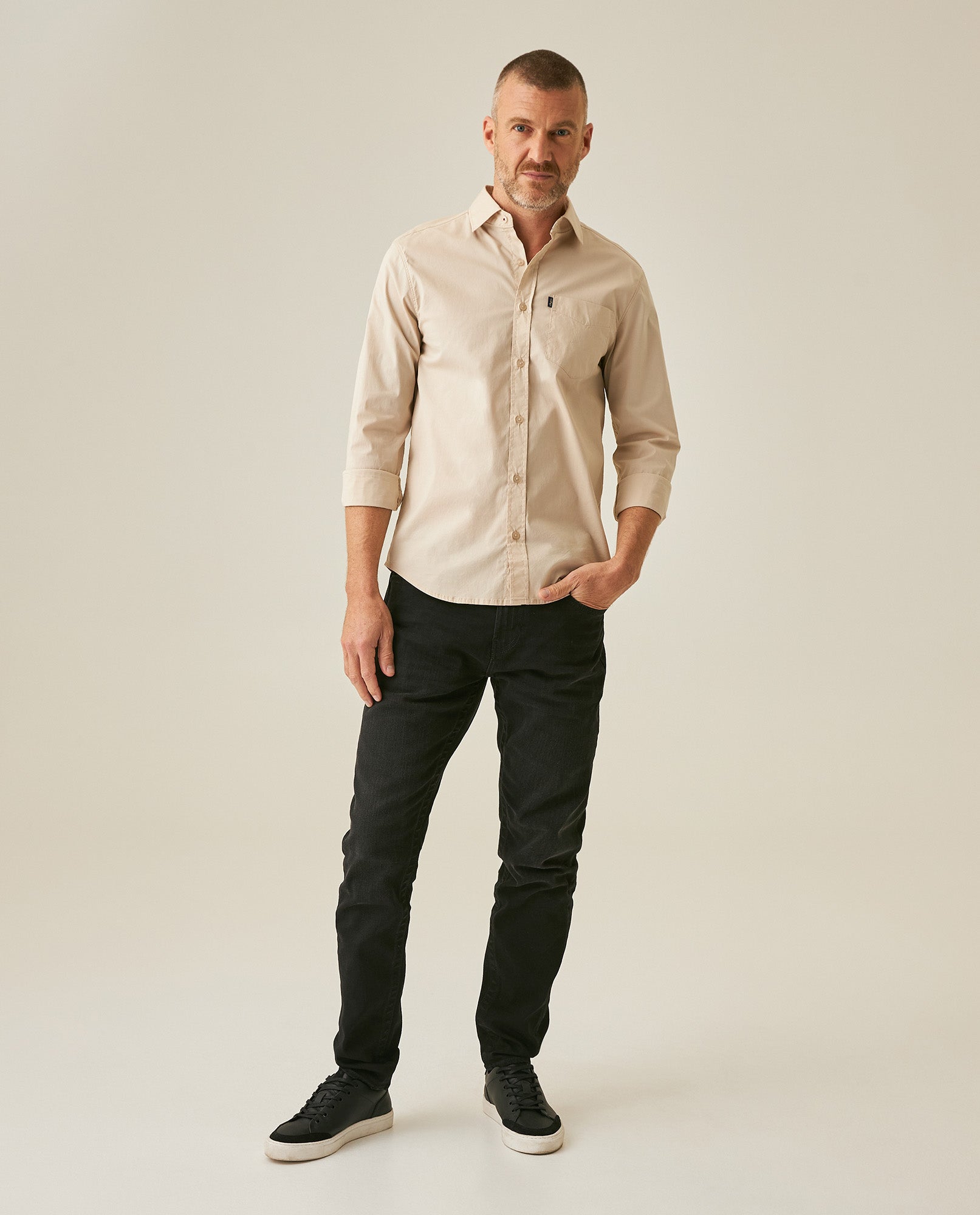 Mens Shirt Long Sleeve Slim Fit Open Collar Poplin Cotton Lycra Subtle Horizontal Ribs Woven Label - Gray 63_611H000_GRI140000_4