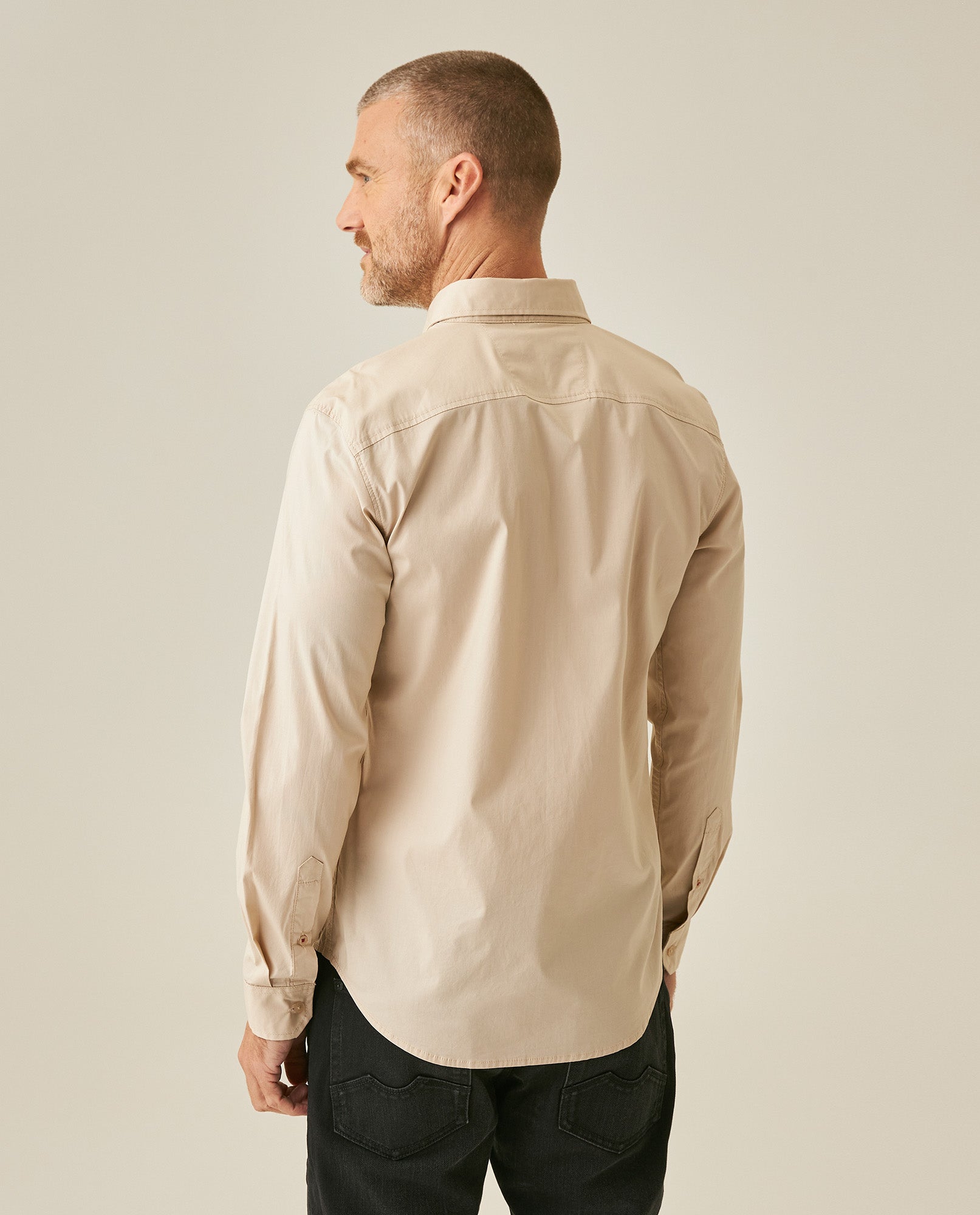 Mens Shirt Long Sleeve Slim Fit Open Collar Poplin Cotton Lycra Subtle Horizontal Ribs Woven Label - Gray 63_611H000_GRI140000_6