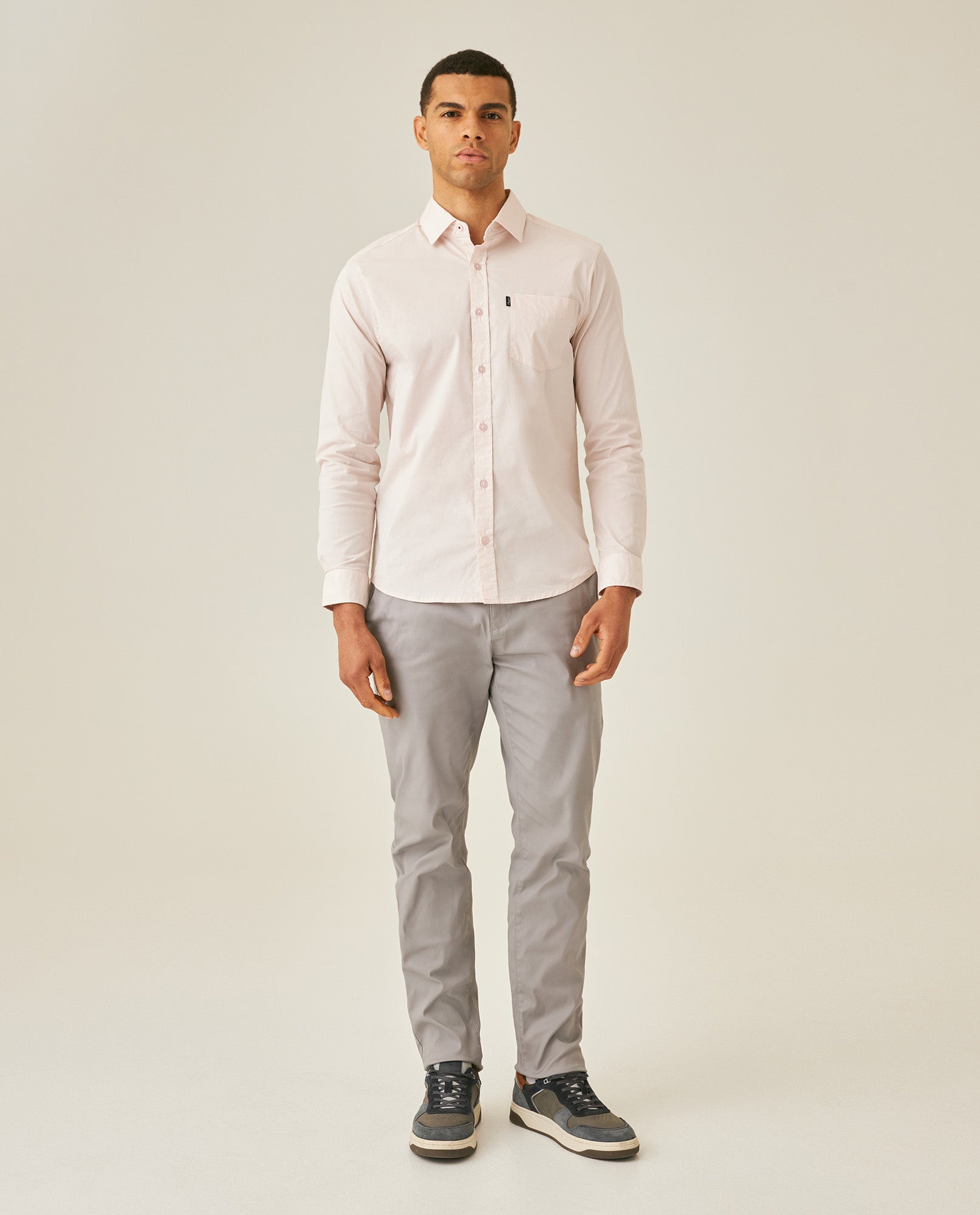 Mens Shirt Long Sleeve Slim Fit Open Collar Poplin Cotton Lycra Subtle Horizontal Ribs Woven Label - Pink 63_611H000_ROS132805_4