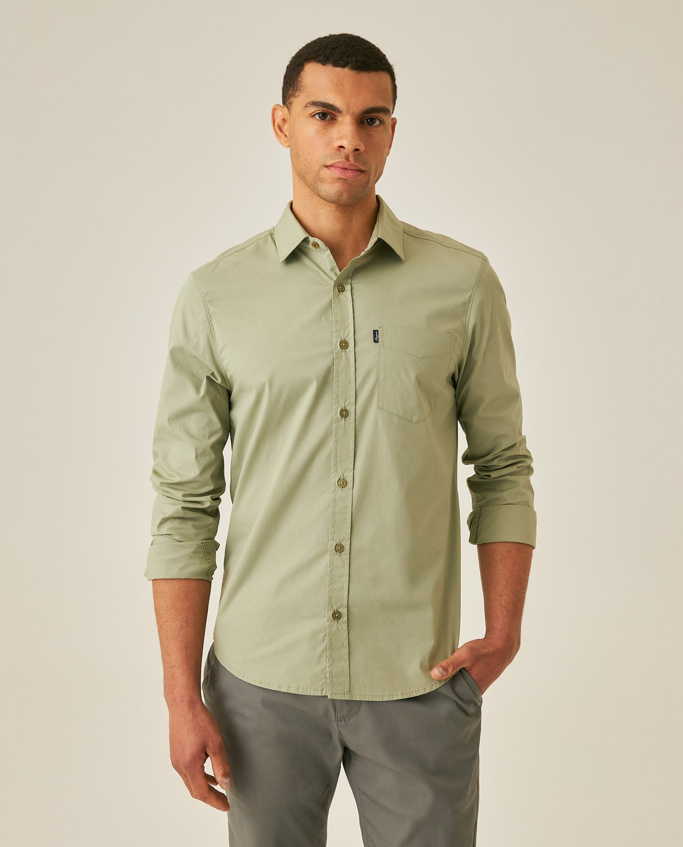 Mens Shirt Long Sleeve Slim Fit Open Collar Poplin Cotton Lycra Subtle Horizontal Ribs Woven Label - Green 63_611H000_VER160213_0