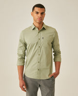 Mens Shirt Long Sleeve Slim Fit Open Collar Poplin Cotton Lycra Subtle Horizontal Ribs Woven Label - Green 63_611H000_VER160213_0