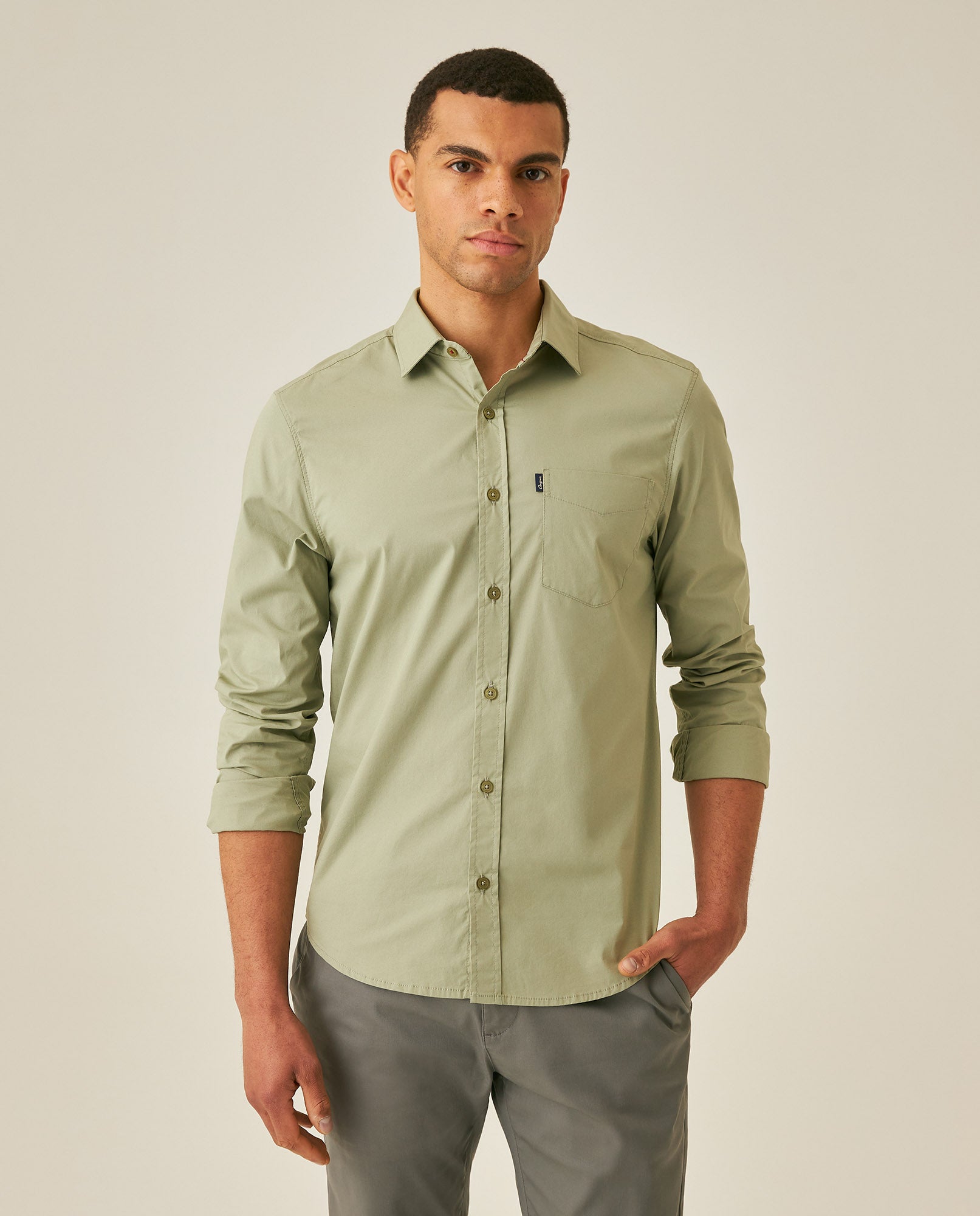 Mens Shirt Long Sleeve Slim Fit Open Collar Poplin Cotton Lycra Subtle Horizontal Ribs Woven Label - Green 63_611H000_VER160213_0