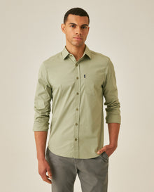 Mens Shirt Long Sleeve Slim Fit Open Collar Poplin Cotton Lycra Subtle Horizontal Ribs Woven Label - Green 63_611H000_VER160213_0
