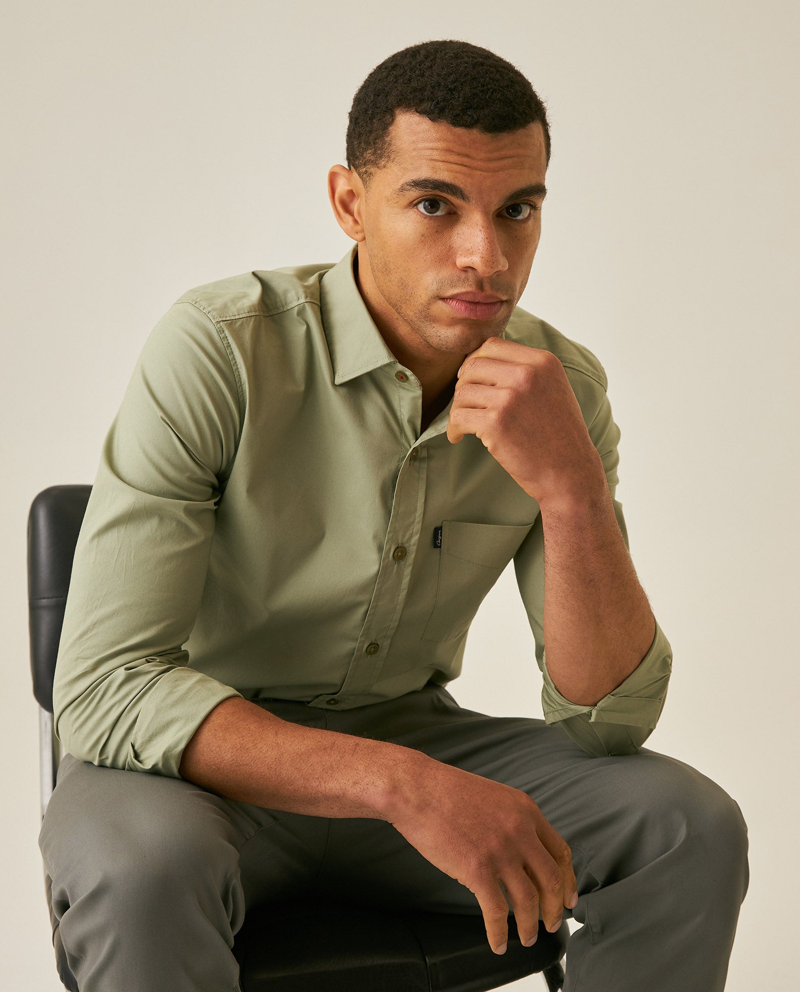 Mens Shirt Long Sleeve Slim Fit Open Collar Poplin Cotton Lycra Subtle Horizontal Ribs Woven Label - Green 63_611H000_VER160213_4