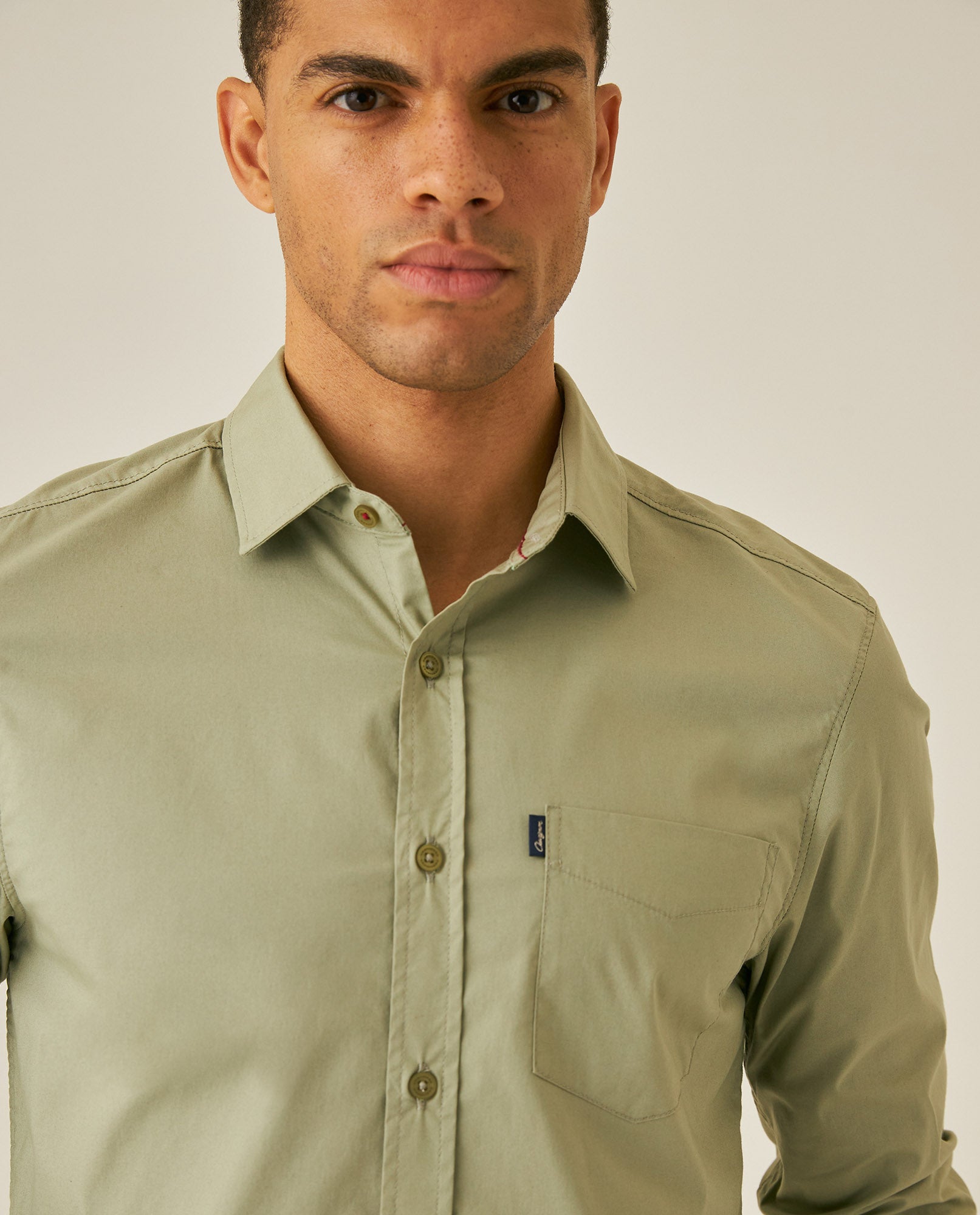 Mens Shirt Long Sleeve Slim Fit Open Collar Poplin Cotton Lycra Subtle Horizontal Ribs Woven Label - Green 63_611H000_VER160213_5