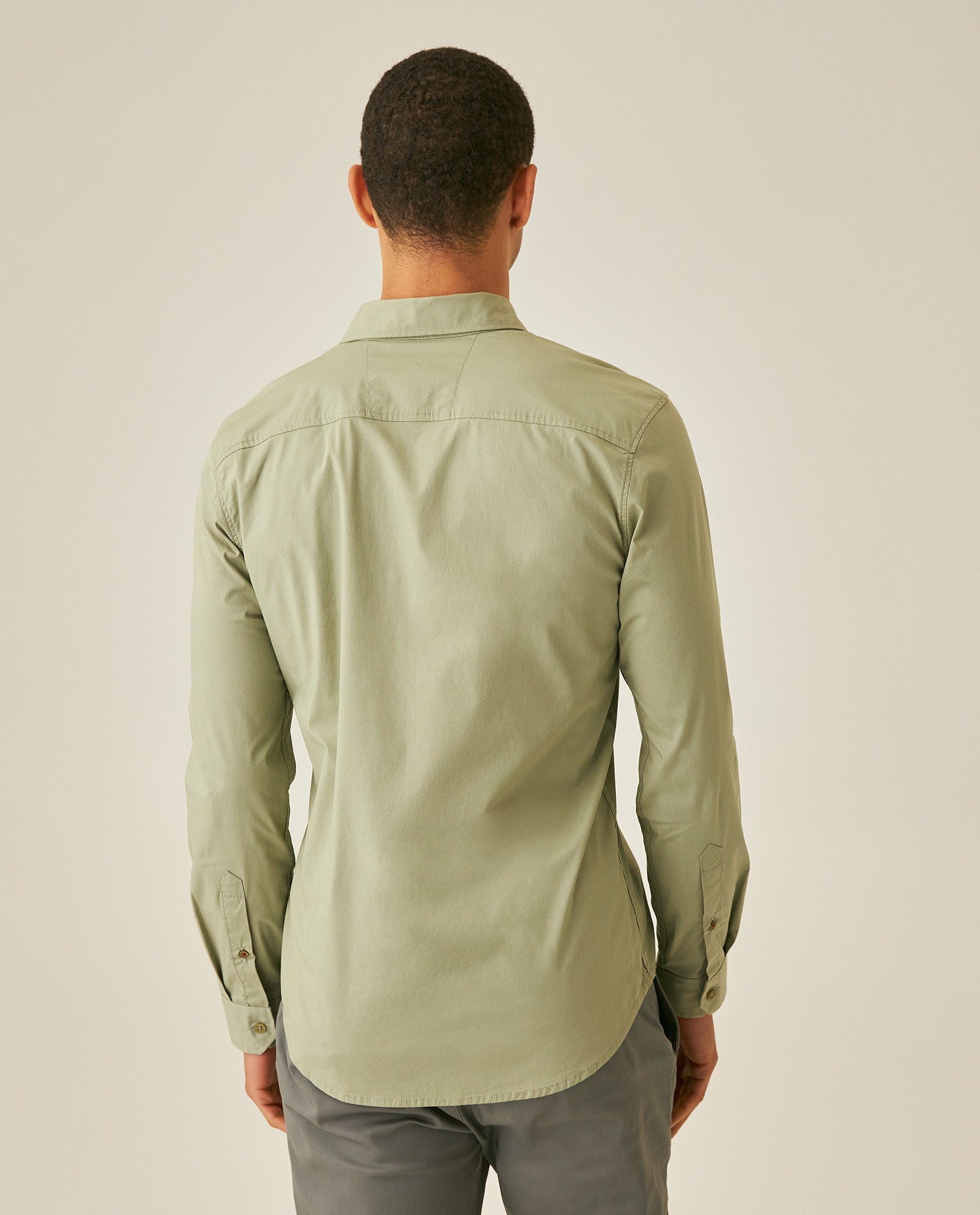 Mens Shirt Long Sleeve Slim Fit Open Collar Poplin Cotton Lycra Subtle Horizontal Ribs Woven Label - Green 63_611H000_VER160213_6