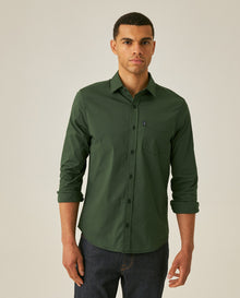 Mens Shirt Long Sleeve Slim Fit Open Collar Poplin Cotton Lycra Subtle Horizontal Ribs Woven Label - Green 63_611H000_VER195914_0