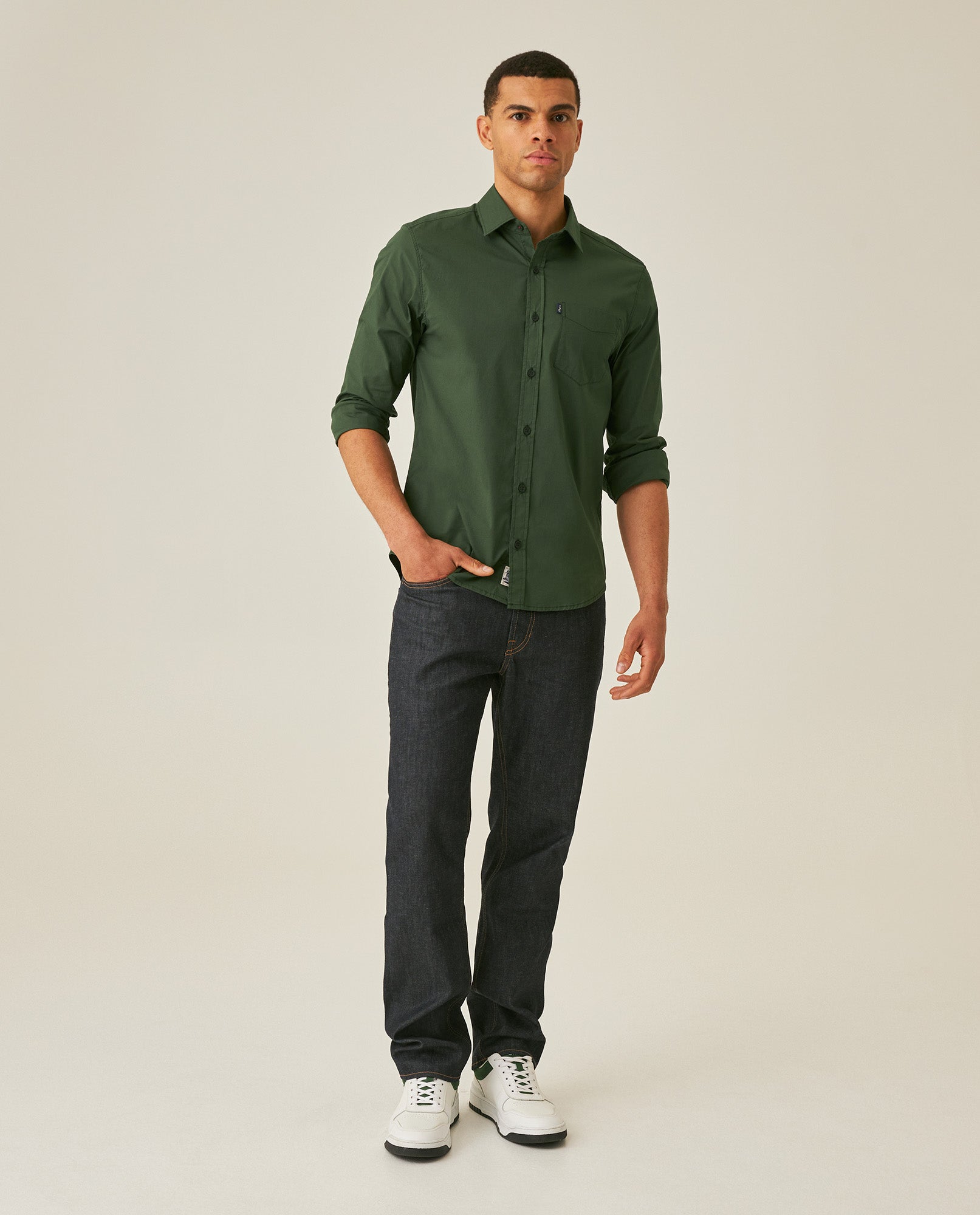 Mens Shirt Long Sleeve Slim Fit Open Collar Poplin Cotton Lycra Subtle Horizontal Ribs Woven Label - Green 63_611H000_VER195914_4