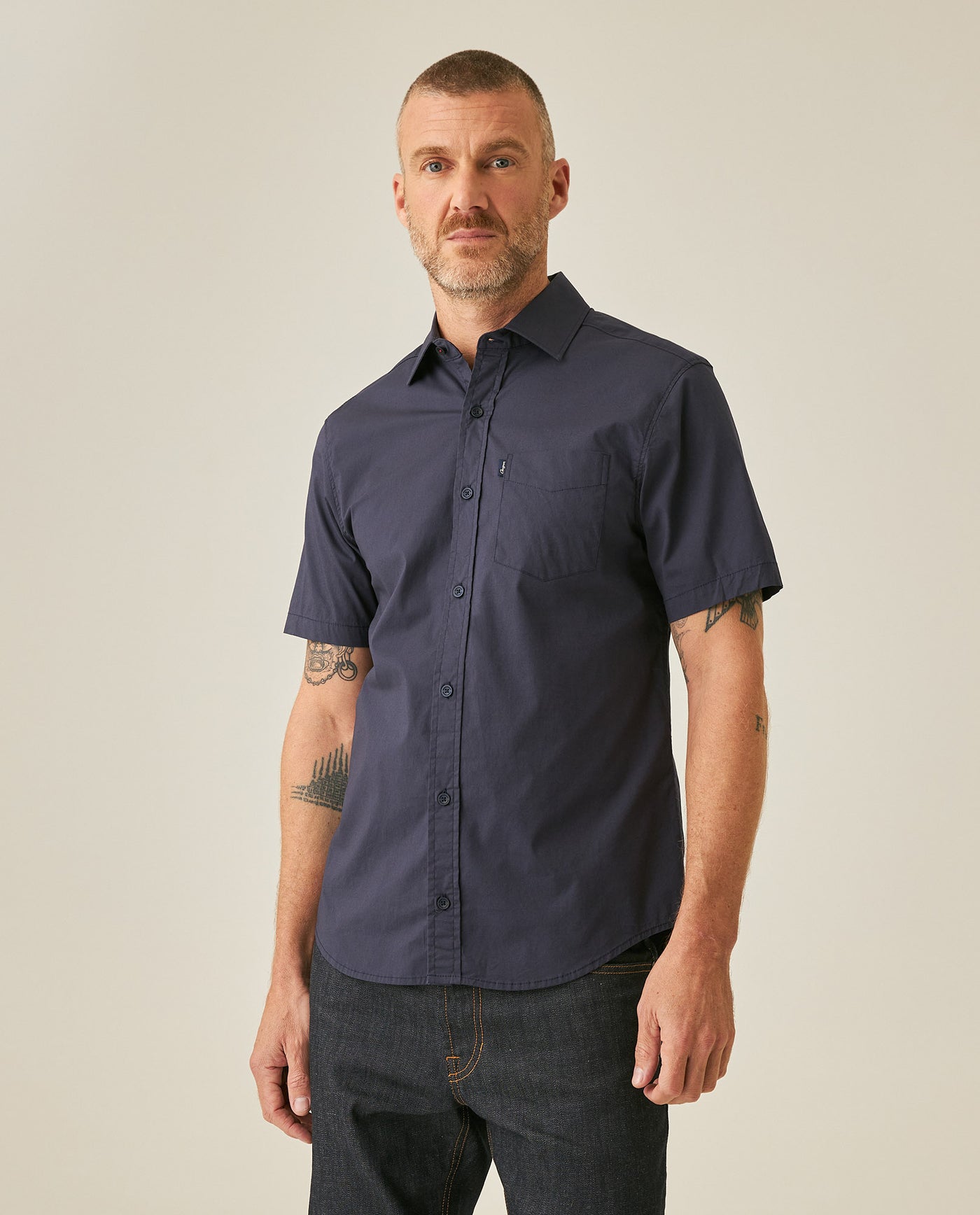 Mens Shirt Short Sleeve Slim Fit Spread Collar Poplin Cotton Lycra Woven Pocket Label - Blue 63_611H001_AZU193924_0