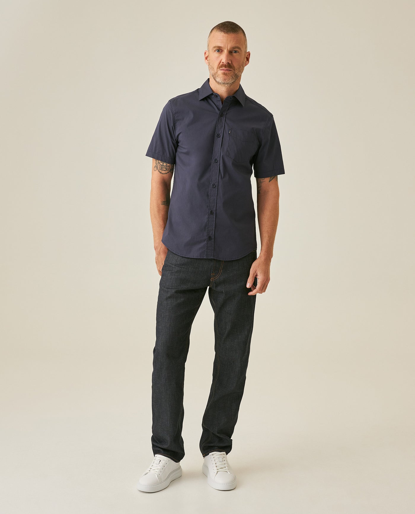 Mens Shirt Short Sleeve Slim Fit Spread Collar Poplin Cotton Lycra Woven Pocket Label - Blue 63_611H001_AZU193924_4