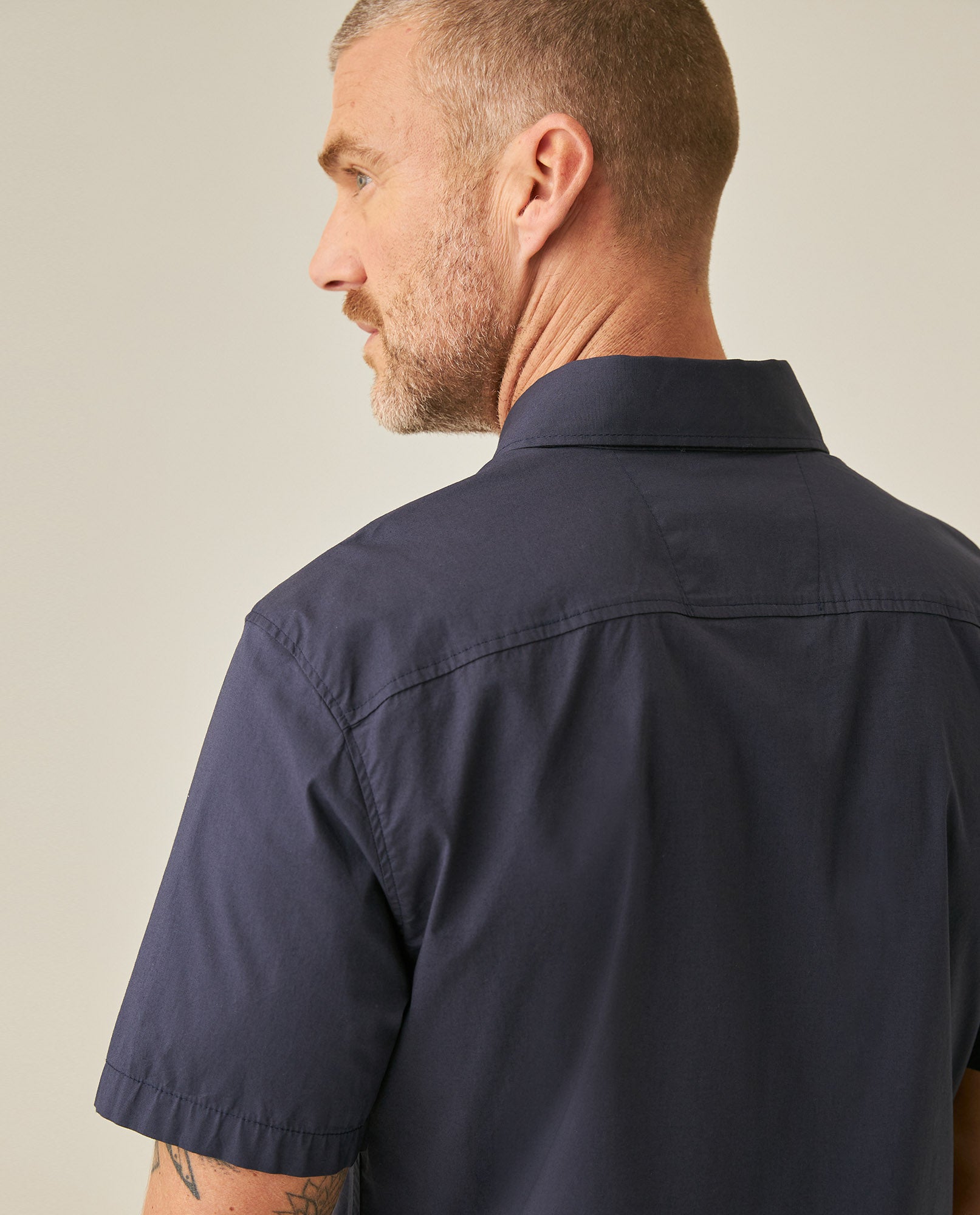 Mens Shirt Short Sleeve Slim Fit Spread Collar Poplin Cotton Lycra Woven Pocket Label - Blue 63_611H001_AZU193924_7
