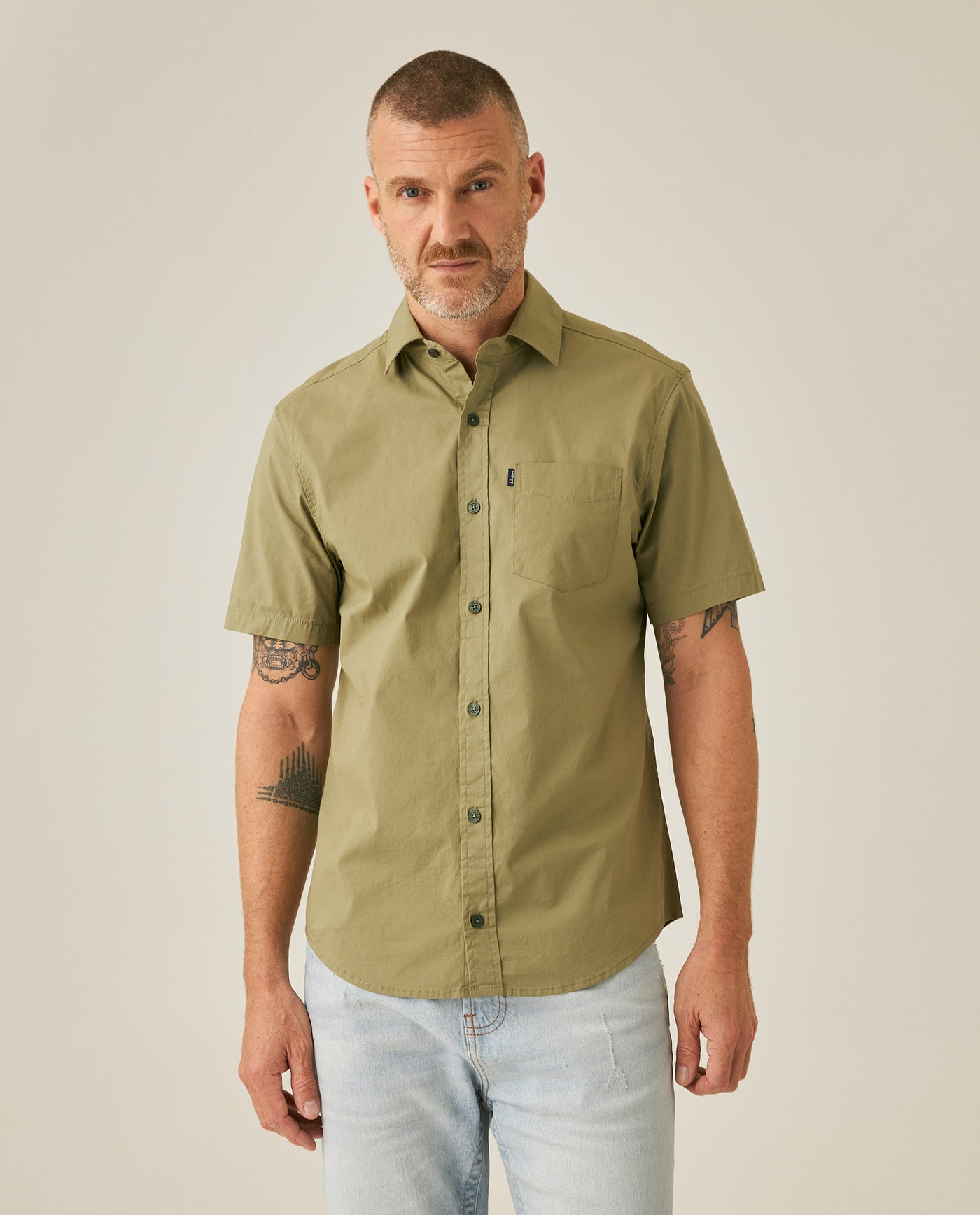 Mens Shirt Short Sleeve Slim Fit Spread Collar Poplin Cotton Lycra Woven Pocket Label - Green 63_611H001_VER170115_0