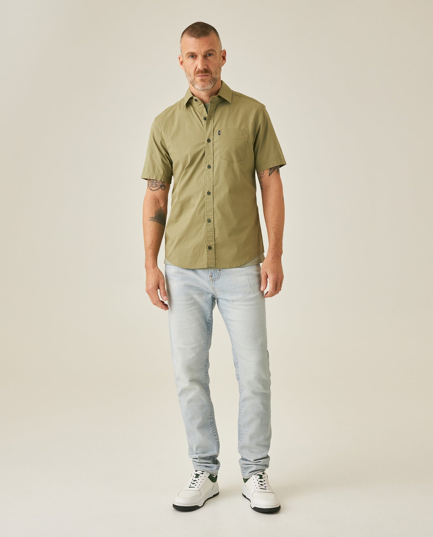 Mens Shirt Short Sleeve Slim Fit Spread Collar Poplin Cotton Lycra Woven Pocket Label - Green 63_611H001_VER170115_4