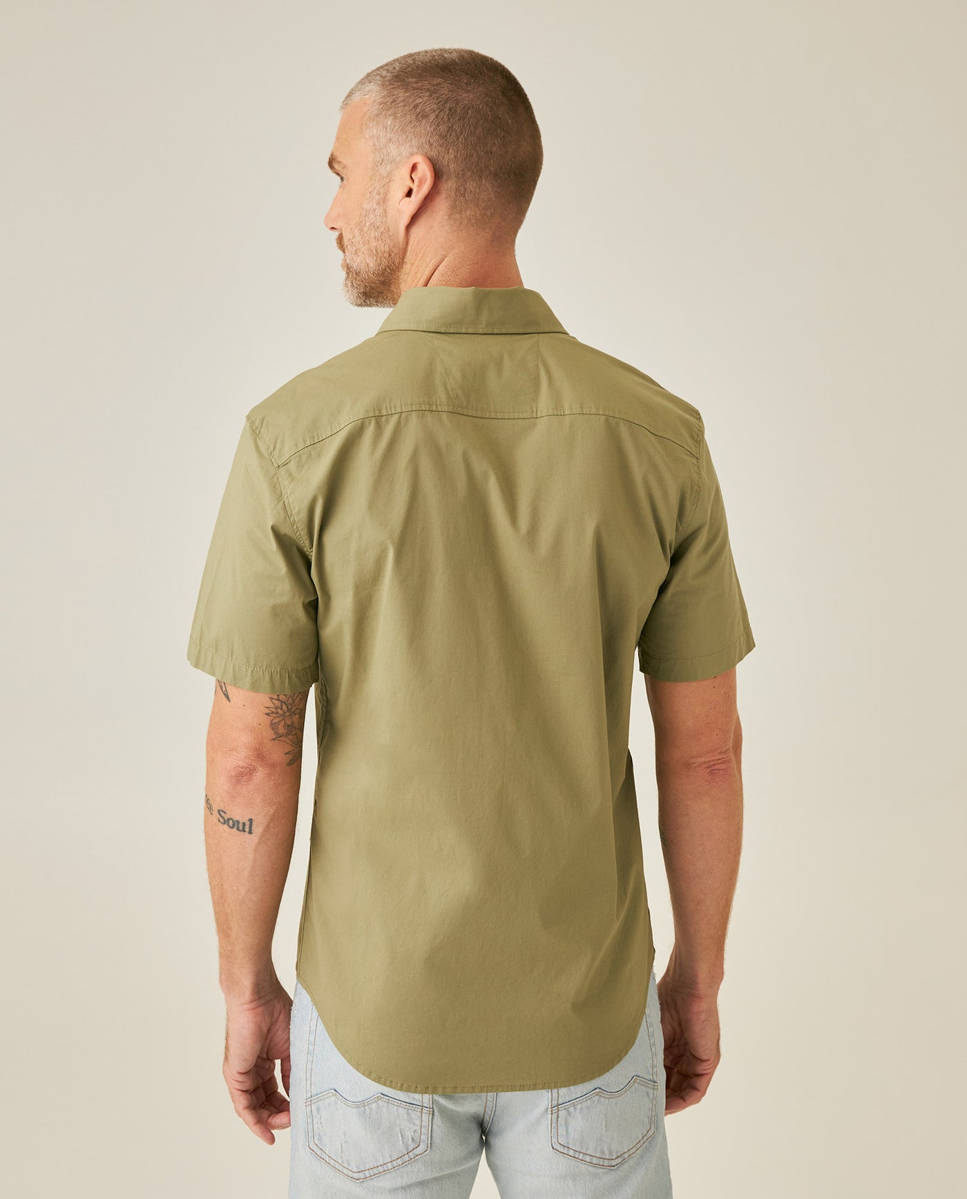 Mens Shirt Short Sleeve Slim Fit Spread Collar Poplin Cotton Lycra Woven Pocket Label - Green 63_611H001_VER170115_6
