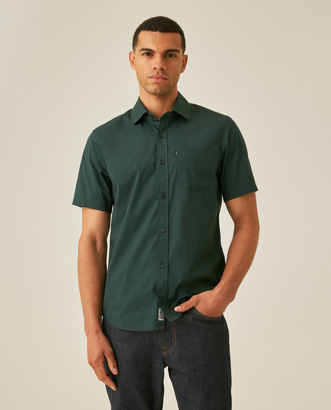 Mens Shirt Short Sleeve Slim Fit Spread Collar Poplin Cotton Lycra Woven Pocket Label - Green 63_611H001_VER195212_0