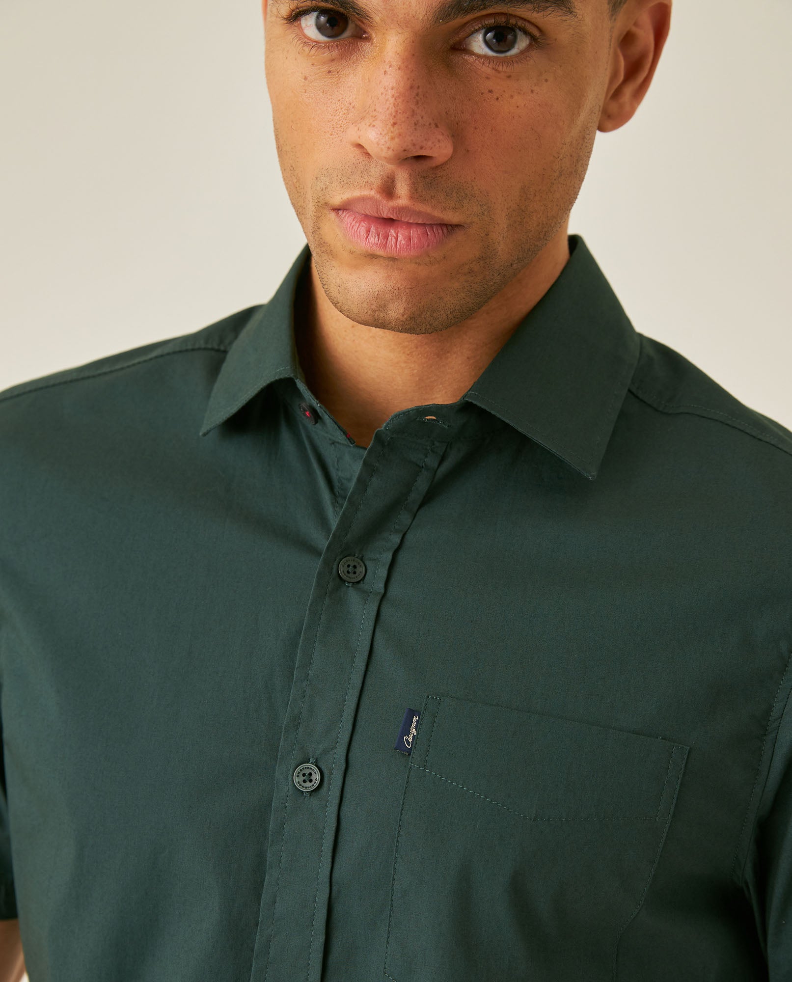 Mens Shirt Short Sleeve Slim Fit Spread Collar Poplin Cotton Lycra Woven Pocket Label - Green 63_611H001_VER195212_5