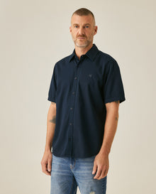 Mens Shirt Short Sleeve Slim Fit Twill Cotton Tone on Tone Duck Embroidery Marked Buttons - Blue 63_611H002_AZU193924_0