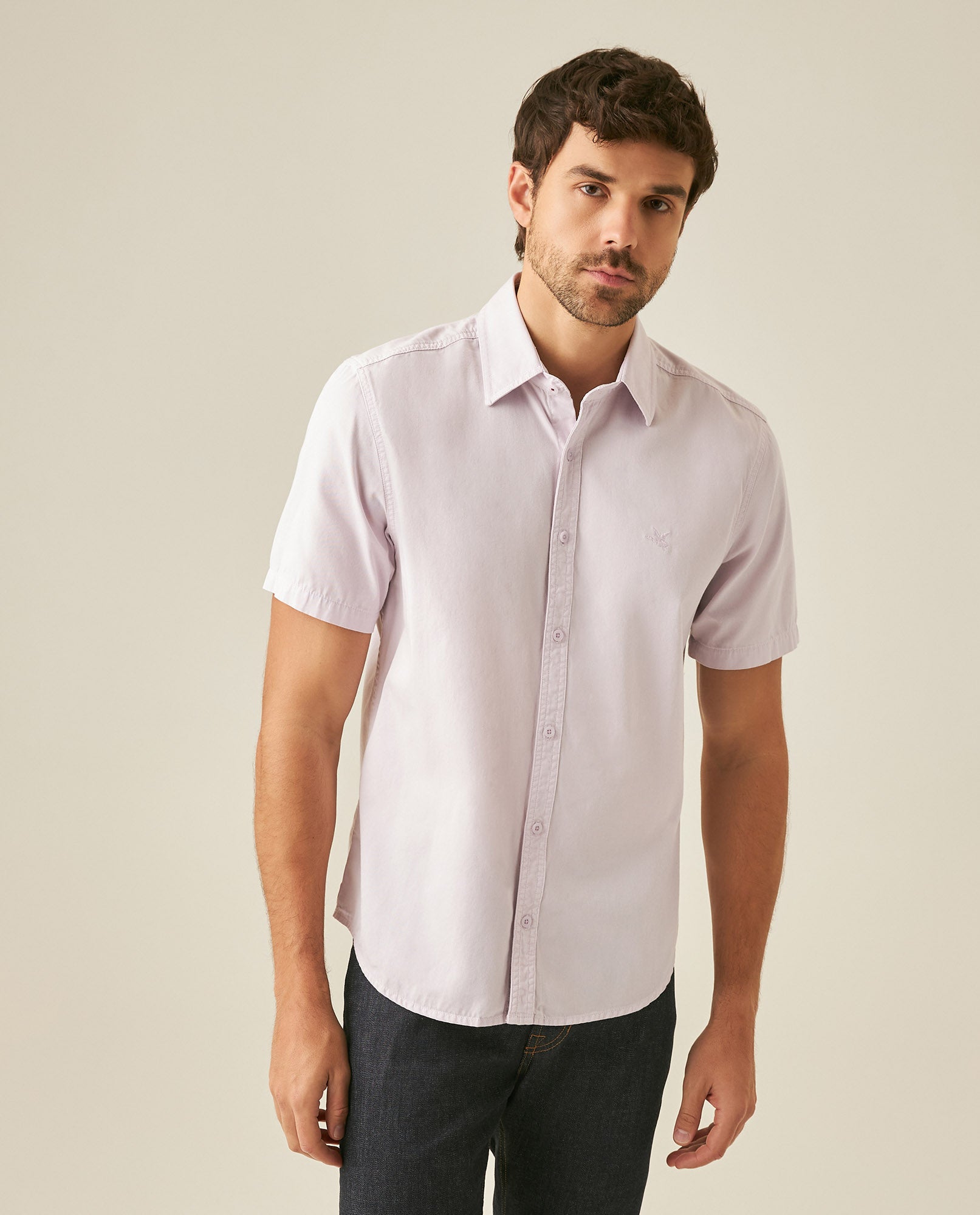 Mens Shirt Short Sleeve Slim Fit Twill Cotton Tone on Tone Duck Embroidery Marked Buttons - Purple 63_611H002_MOR133802_0