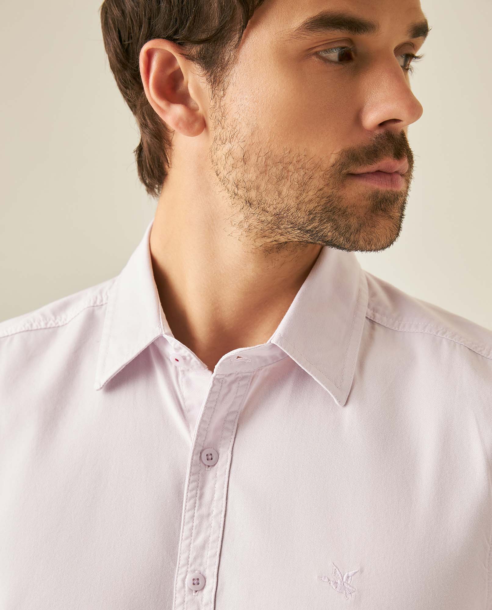 Mens Shirt Short Sleeve Slim Fit Twill Cotton Tone on Tone Duck Embroidery Marked Buttons - Purple 63_611H002_MOR133802_5