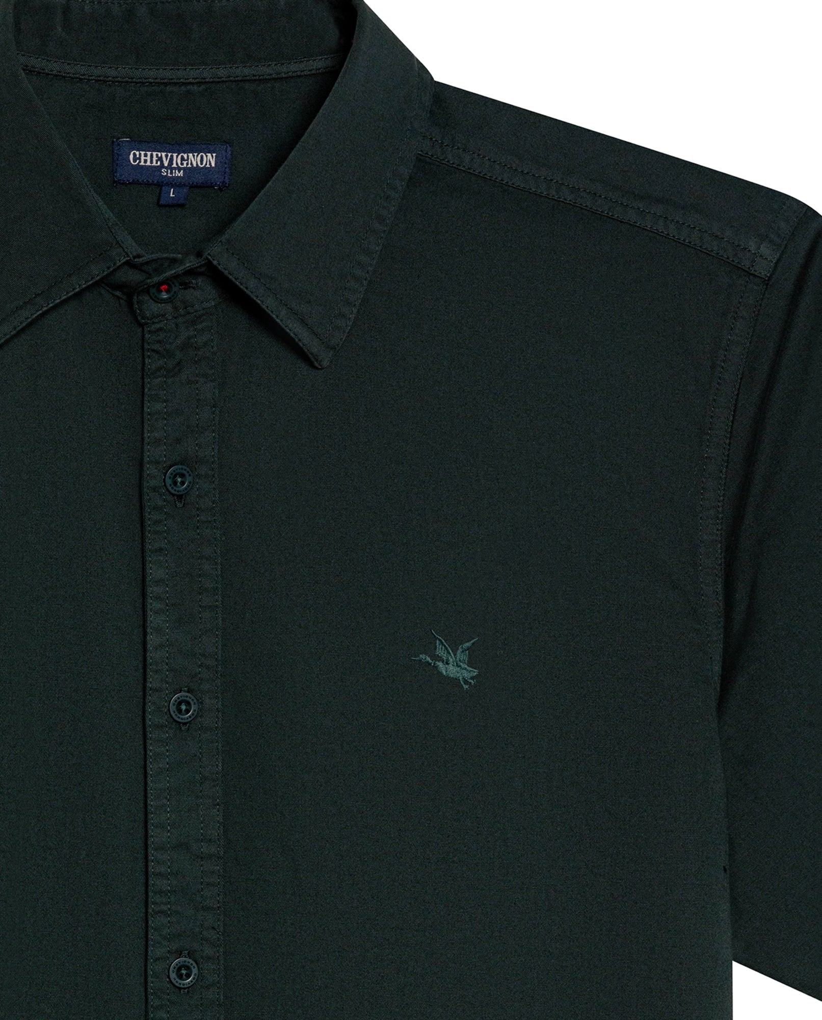 Mens Shirt Short Sleeve Slim Fit Twill Cotton Tone on Tone Duck Embroidery Marked Buttons - Green 63_611H002_VER195350_8