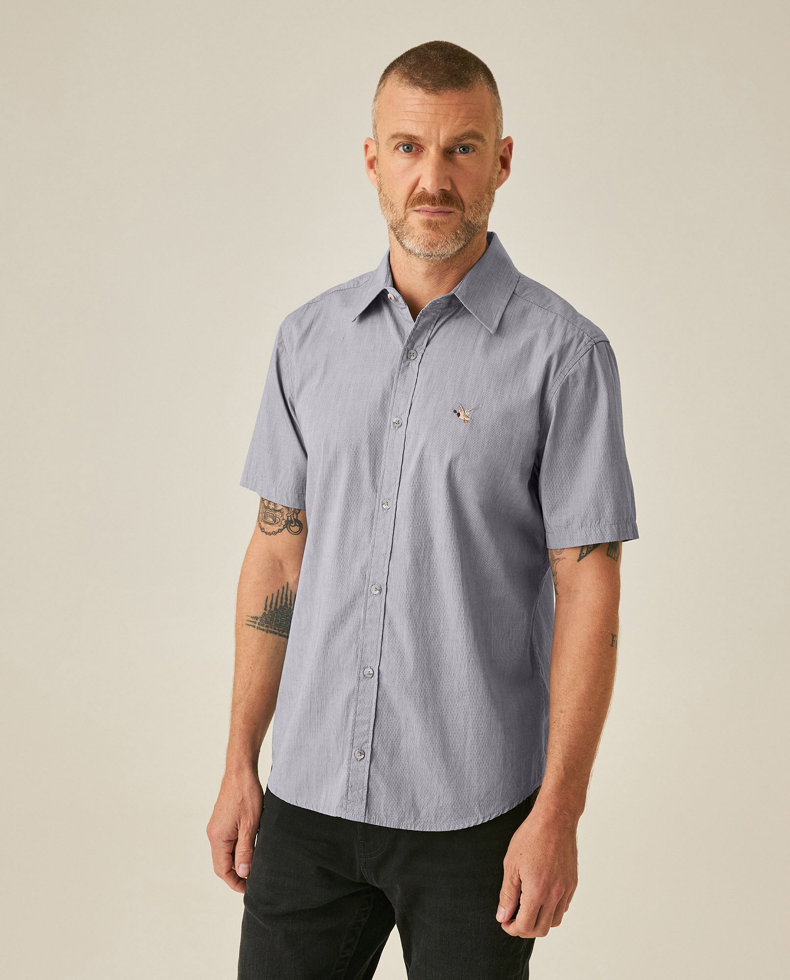 Mens Shirt Short Sleeve Slim Fit Mini Stripe Fill Fill Cotton Linen Vibrant Red Details - Gray 63_611H003_GRI171107_0