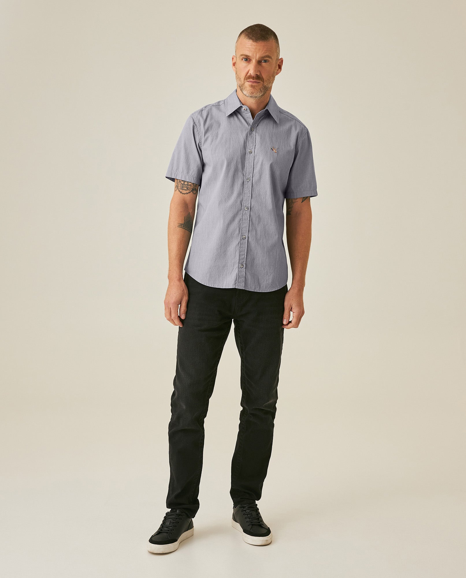 Mens Shirt Short Sleeve Slim Fit Mini Stripe Fill Fill Cotton Linen Vibrant Red Details - Gray 63_611H003_GRI171107_4