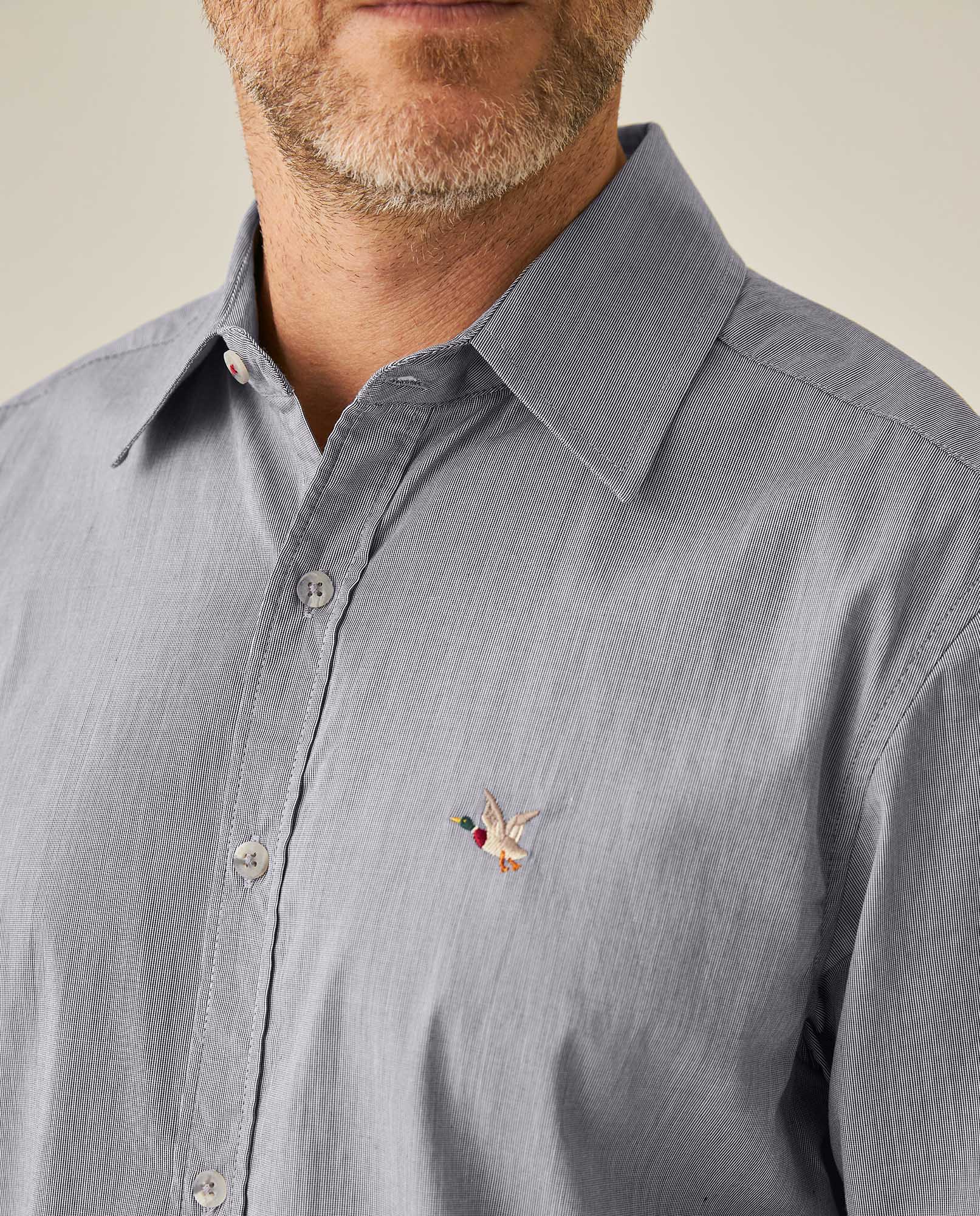 Mens Shirt Short Sleeve Slim Fit Mini Stripe Fill Fill Cotton Linen Vibrant Red Details - Gray 63_611H003_GRI171107_5