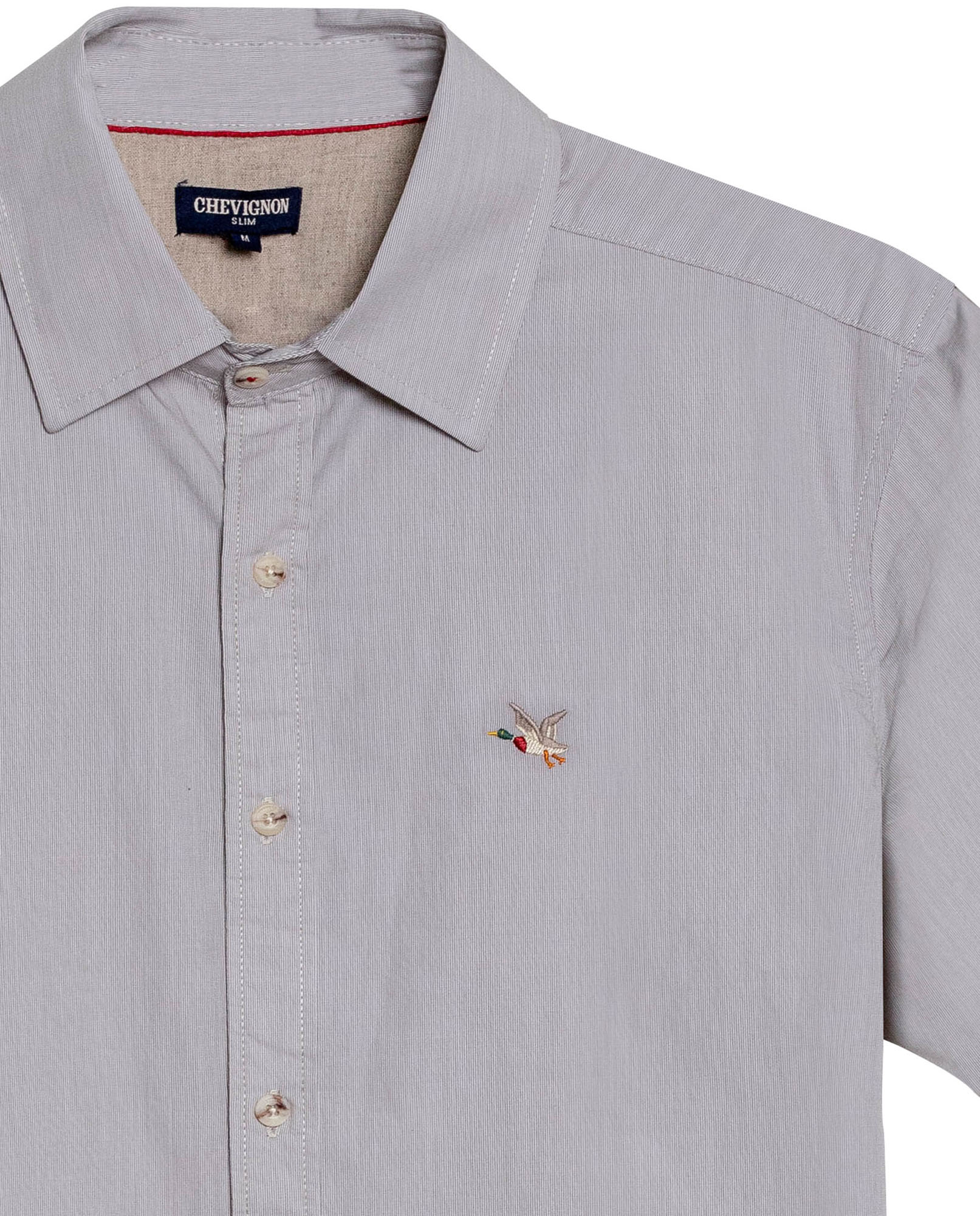 Mens Shirt Short Sleeve Slim Fit Mini Stripe Fill Fill Cotton Linen Vibrant Red Details - Gray 63_611H003_GRI171107_8