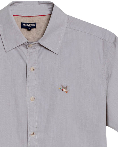 Mens Shirt Short Sleeve Slim Fit Mini Stripe Fill Fill Cotton Linen Vibrant Red Details - Gray 63_611H003_GRI171107_8