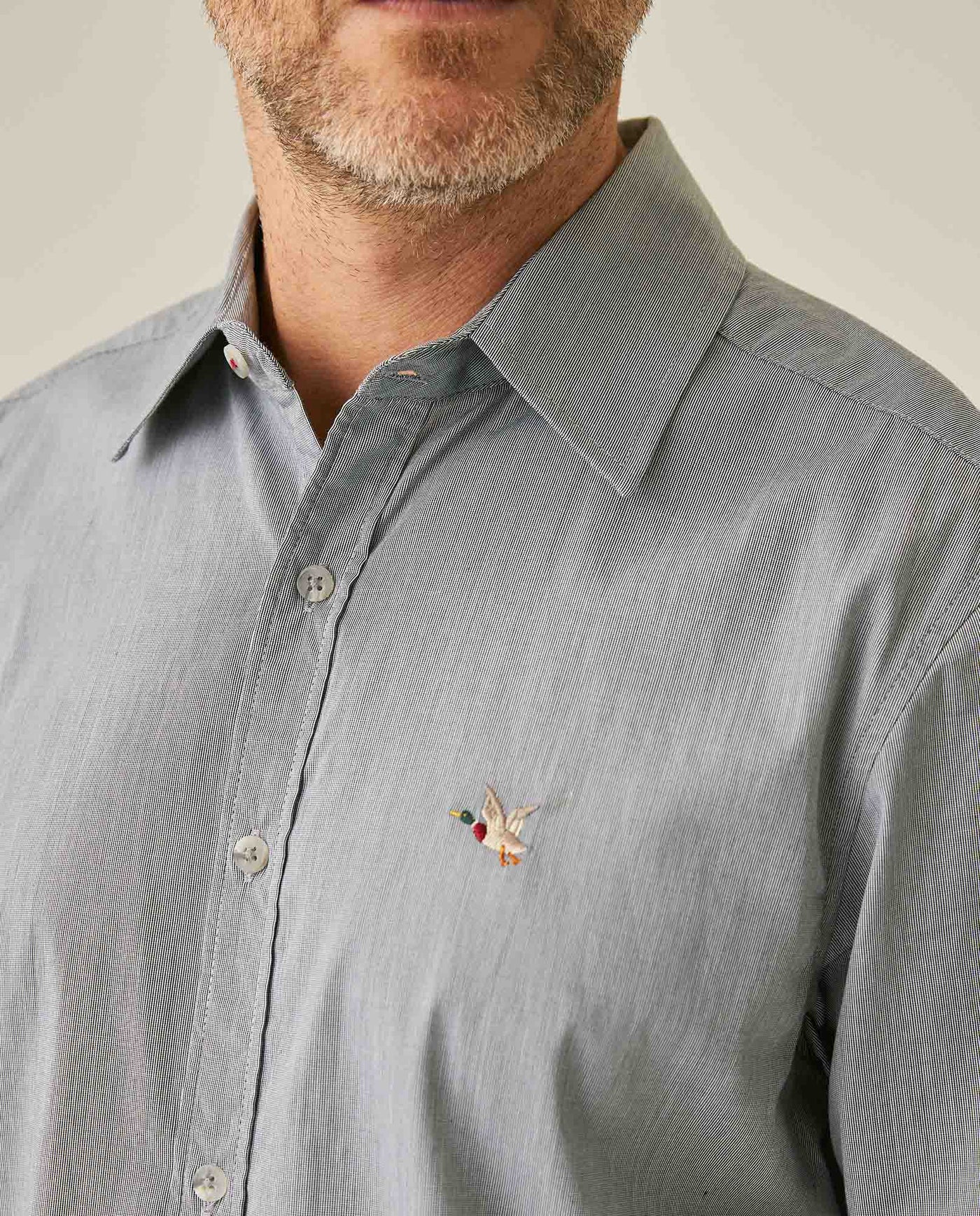 Mens Shirt Short Sleeve Slim Fit Mini Stripe Fill Fill Cotton Linen Vibrant Red Details - Dark Green 63_611H003_VER195406_5