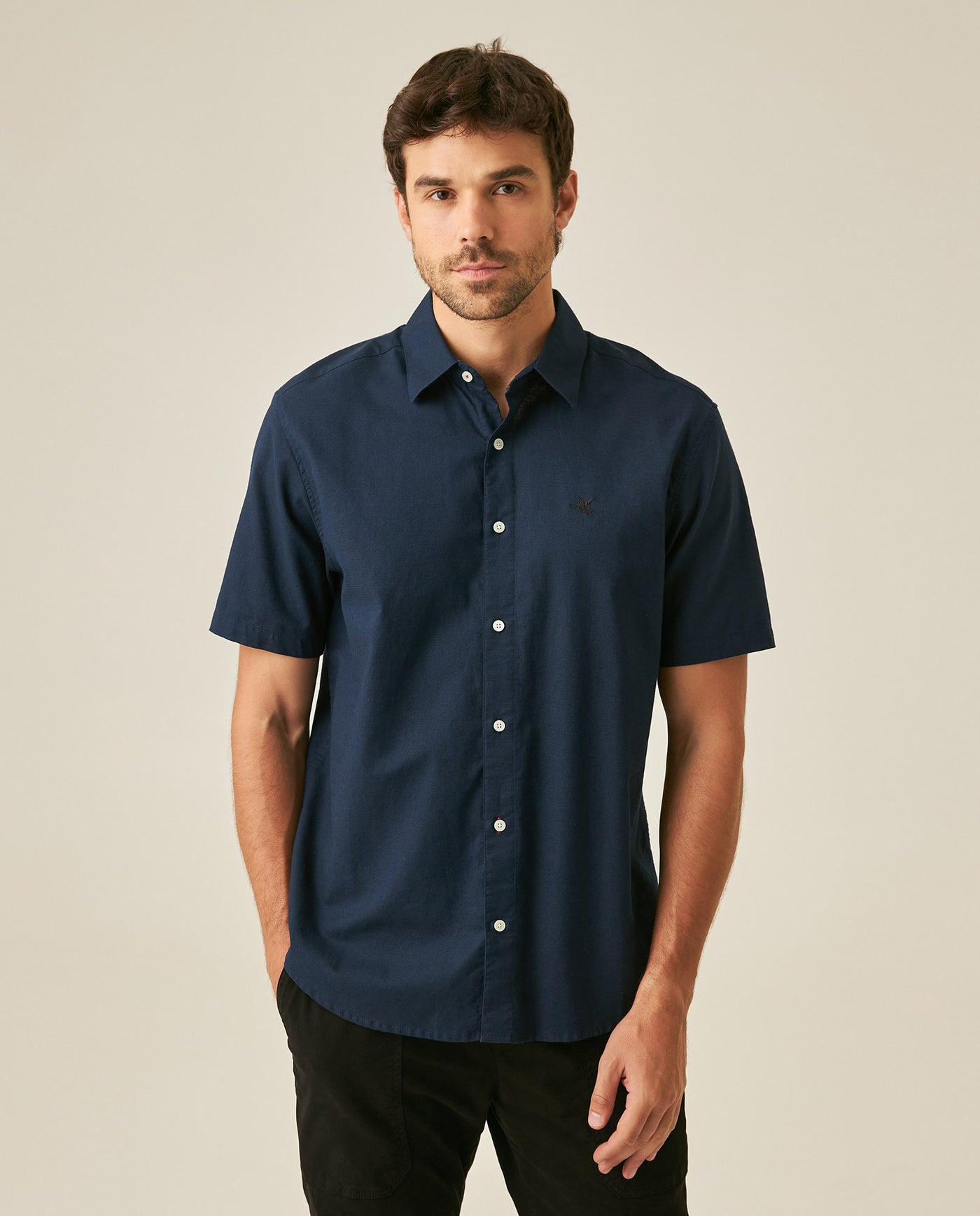 Mens Shirt Short Sleeve Classic Fit Cotton Linen Tone on Tone Duck Red Details Relaxed - Blue 63_611H004_AZU193923_0