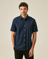 Mens Shirt Short Sleeve Classic Fit Cotton Linen Tone on Tone Duck Red Details Relaxed - Blue 63_611H004_AZU193923_0