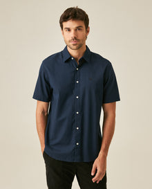 Mens Shirt Short Sleeve Classic Fit Cotton Linen Tone on Tone Duck Red Details Relaxed - Blue 63_611H004_AZU193923_0