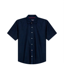 Mens Shirt Short Sleeve Classic Fit Cotton Linen Tone on Tone Duck Red Details Relaxed - Blue 63_611H004_AZU193923_3