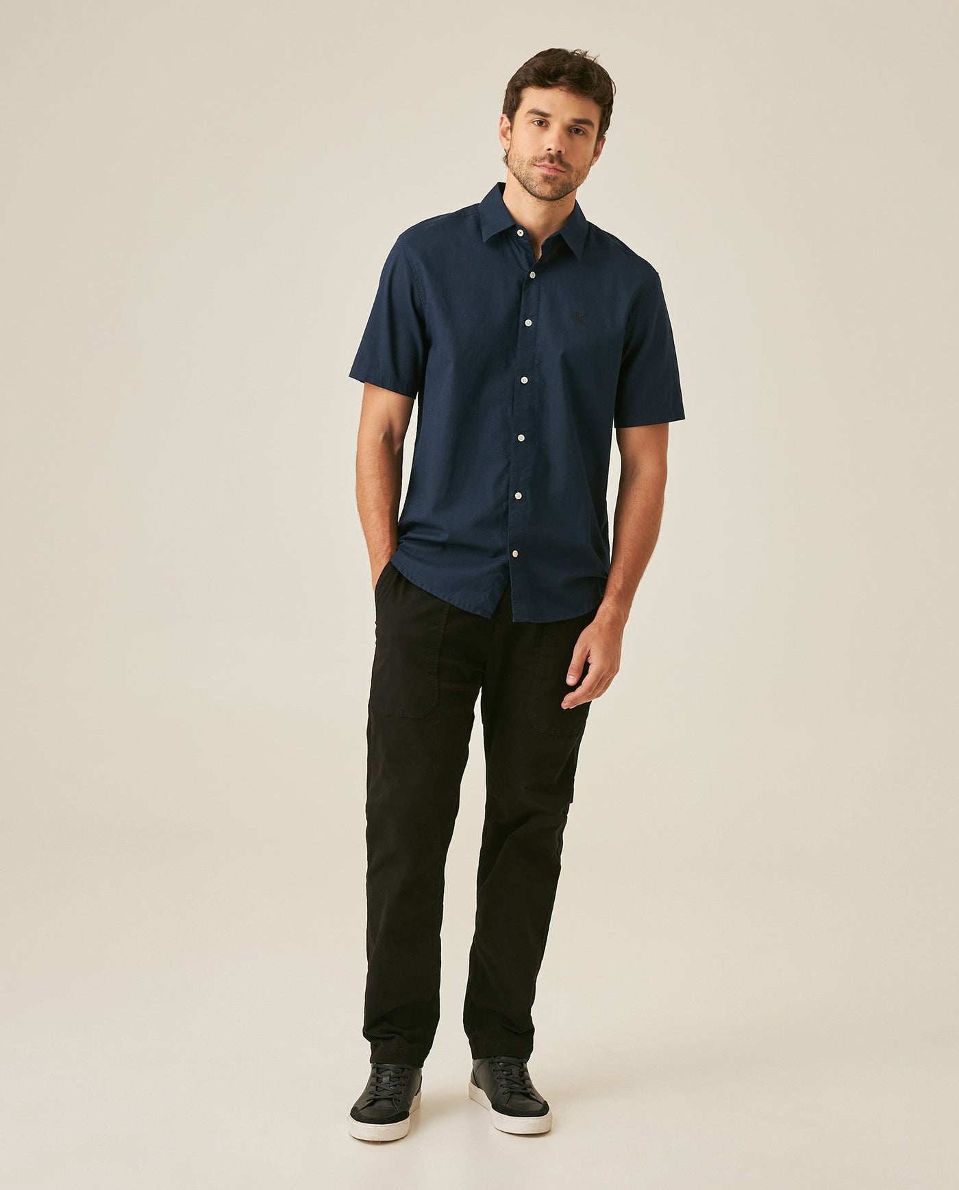 Mens Shirt Short Sleeve Classic Fit Cotton Linen Tone on Tone Duck Red Details Relaxed - Blue 63_611H004_AZU193923_4