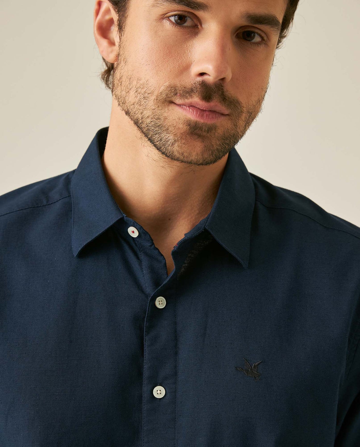 Mens Shirt Short Sleeve Classic Fit Cotton Linen Tone on Tone Duck Red Details Relaxed - Blue 63_611H004_AZU193923_5