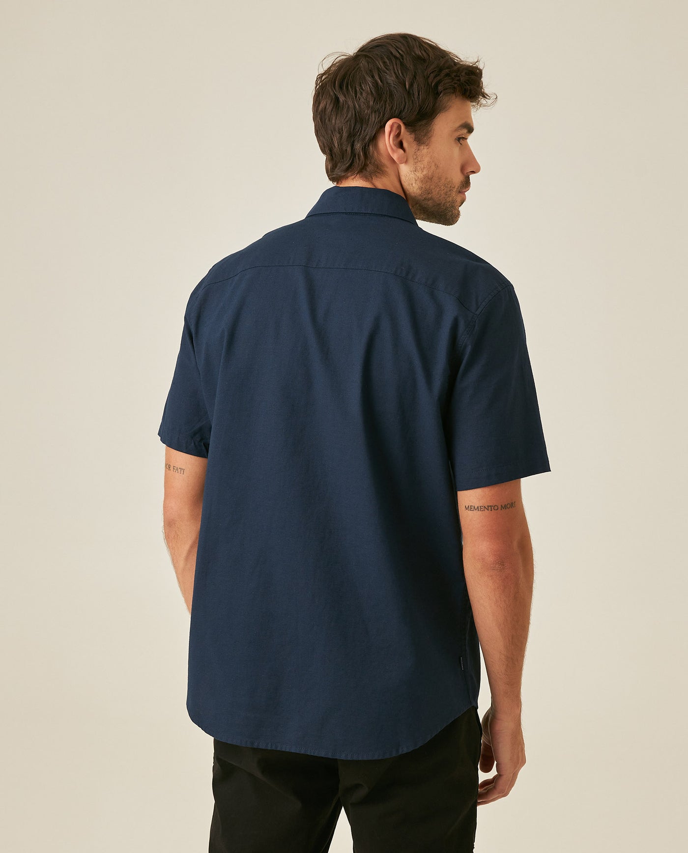 Mens Shirt Short Sleeve Classic Fit Cotton Linen Tone on Tone Duck Red Details Relaxed - Blue 63_611H004_AZU193923_6