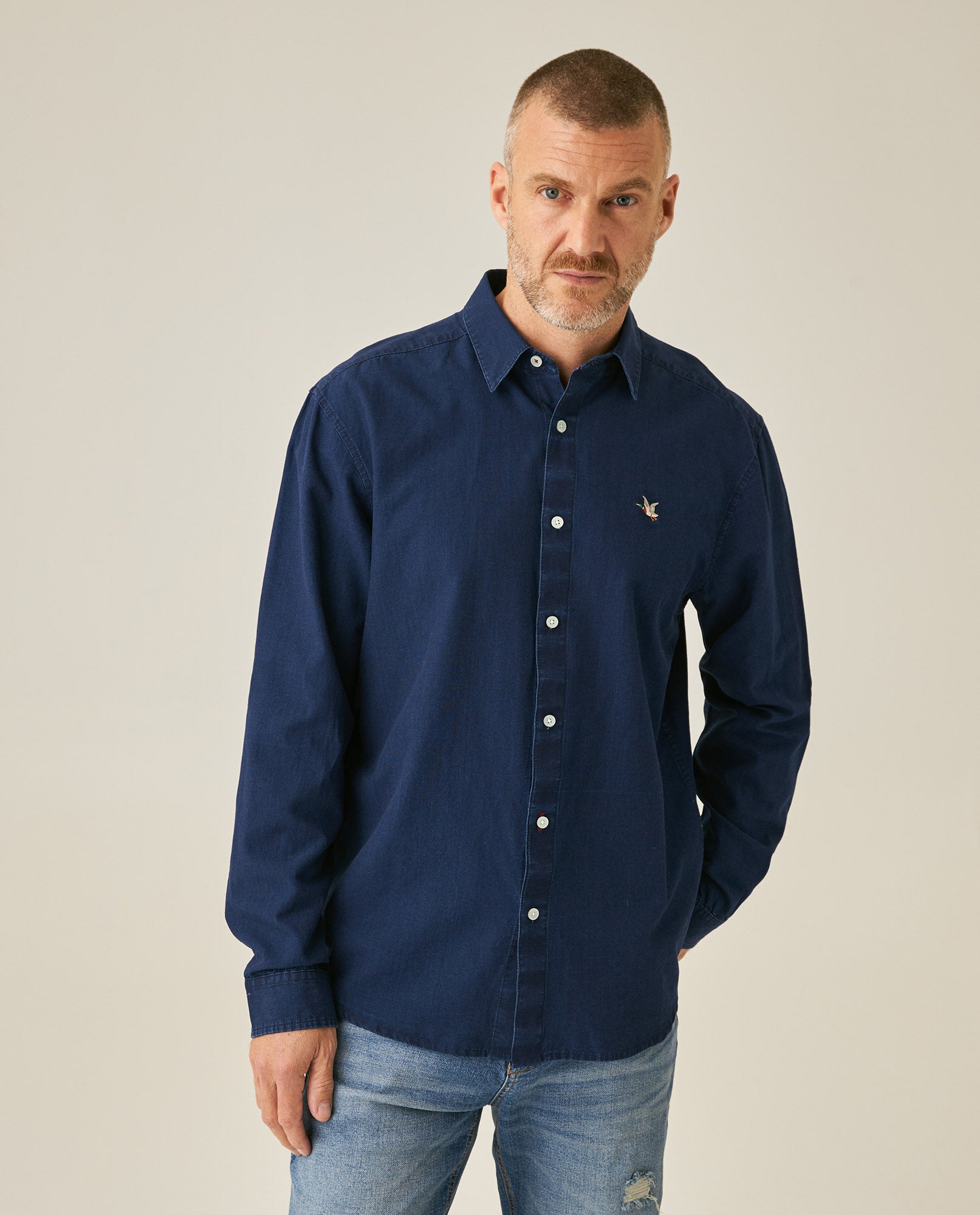 Mens Shirt Long Sleeve Classic Fit Cotton Linen Denim Yarns Special Wash Vibrant Duck Red Details - Blue 63_611H005_AZU193924_0