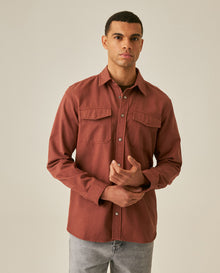Mens Shirt Long Sleeve Regular Fit Lyocell Cotton Marked Diagonal Decorative Placket Yoke Patch Pocket - Brown 63_611H006_CAF191245_0