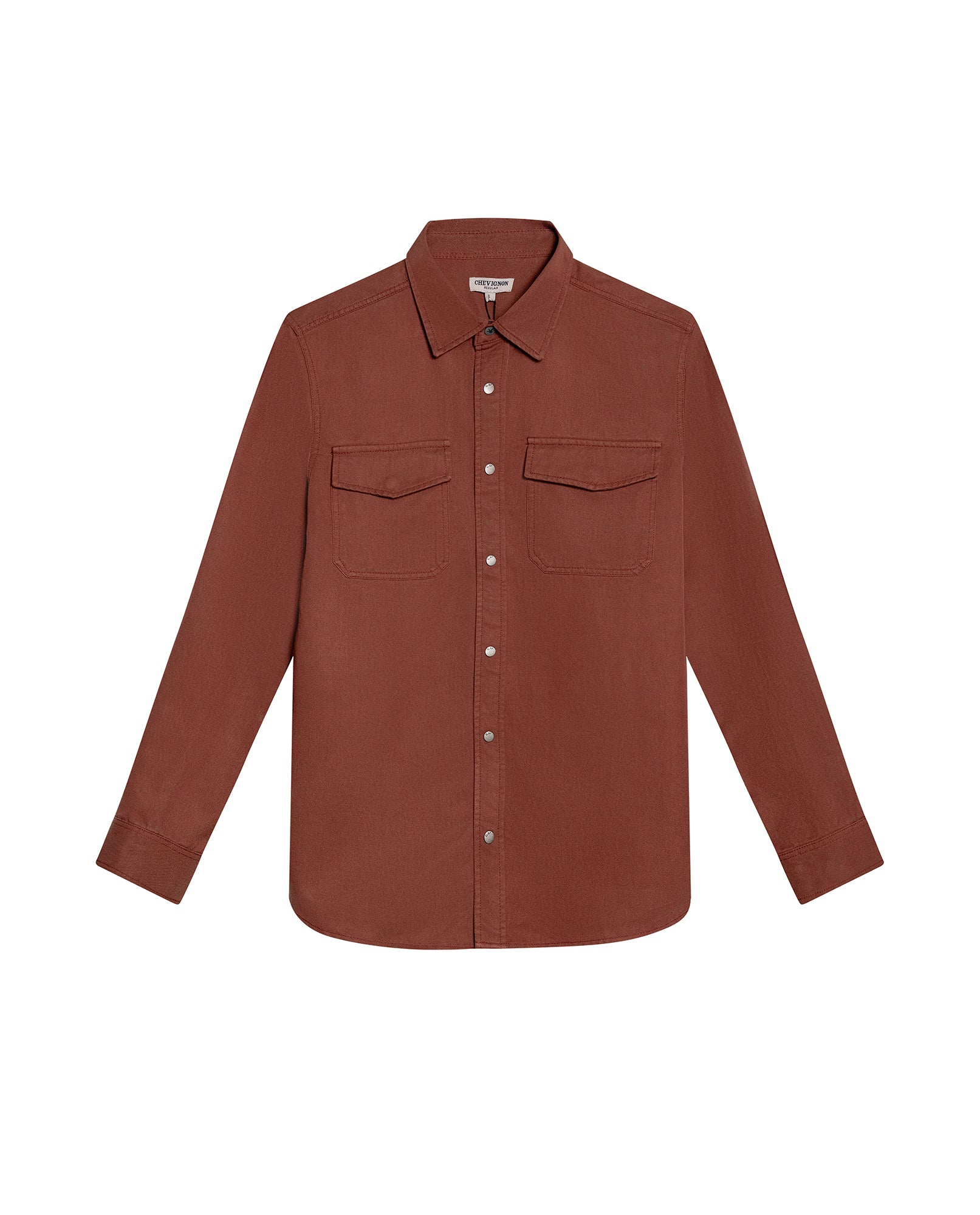 Mens Shirt Long Sleeve Regular Fit Lyocell Cotton Marked Diagonal Decorative Placket Yoke Patch Pocket - Brown 63_611H006_CAF191245_3
