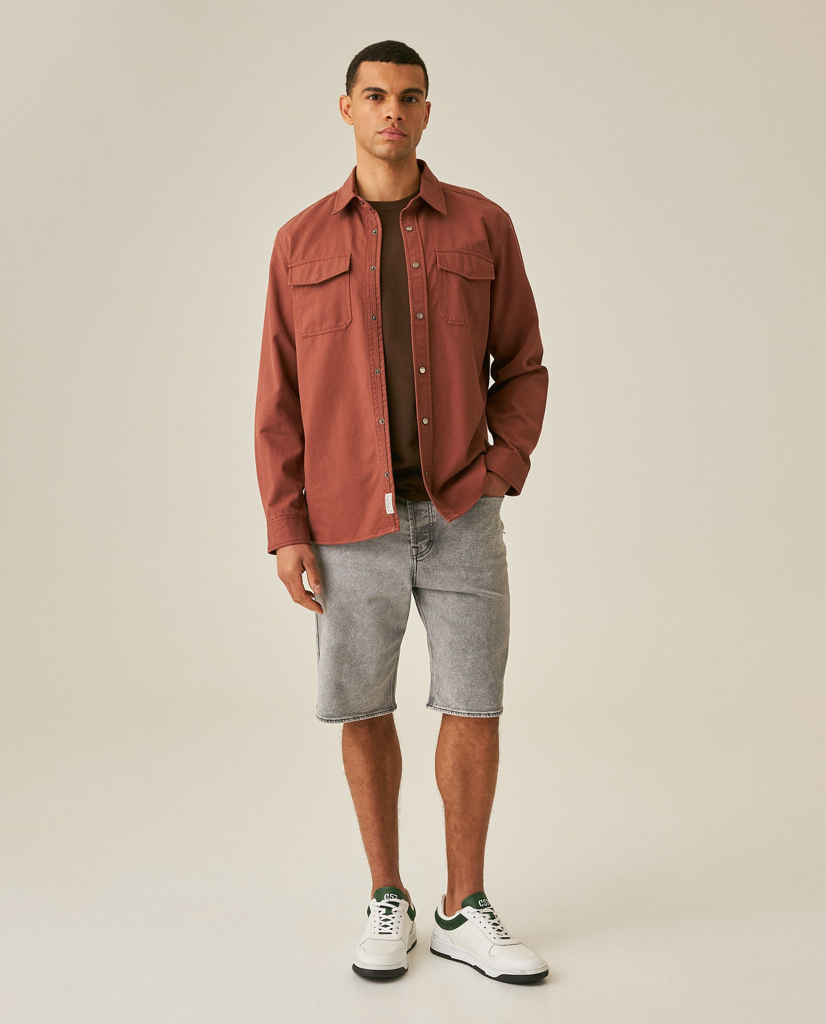 Mens Shirt Long Sleeve Regular Fit Lyocell Cotton Marked Diagonal Decorative Placket Yoke Patch Pocket - Brown 63_611H006_CAF191245_4