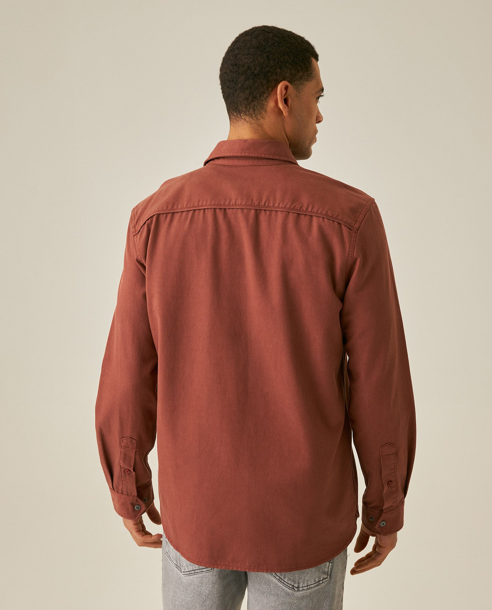 Mens Shirt Long Sleeve Regular Fit Lyocell Cotton Marked Diagonal Decorative Placket Yoke Patch Pocket - Brown 63_611H006_CAF191245_6